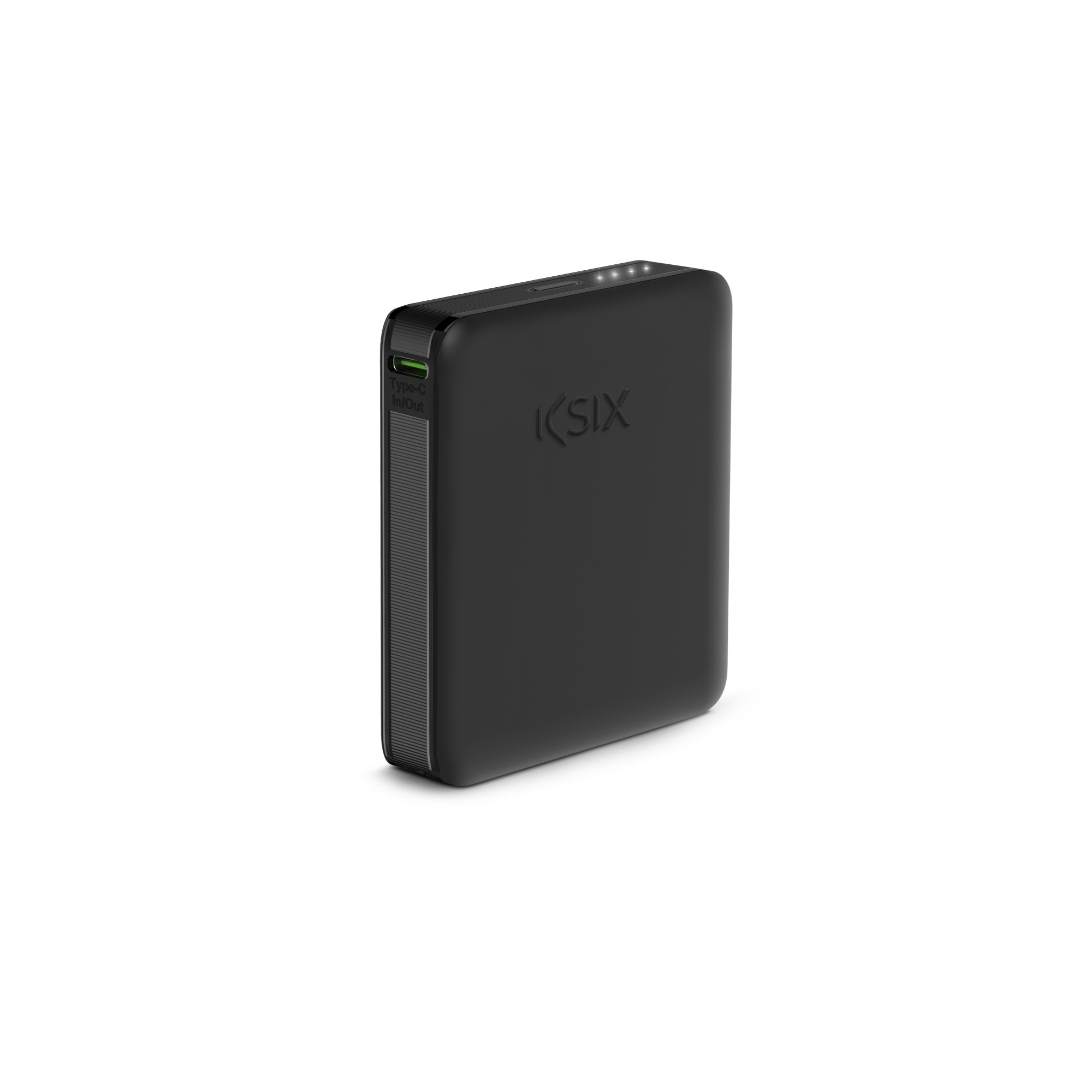 Banco de energía negro con puerto USB-C. El nombre de la marca es (K SIX).