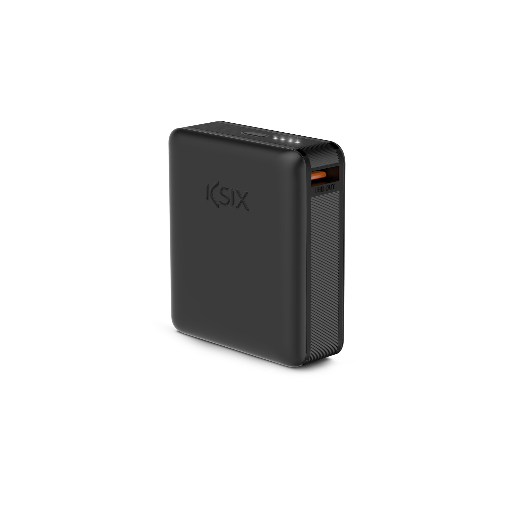 Power bank nero con porte USB e marchio KSIX, su sfondo bianco.