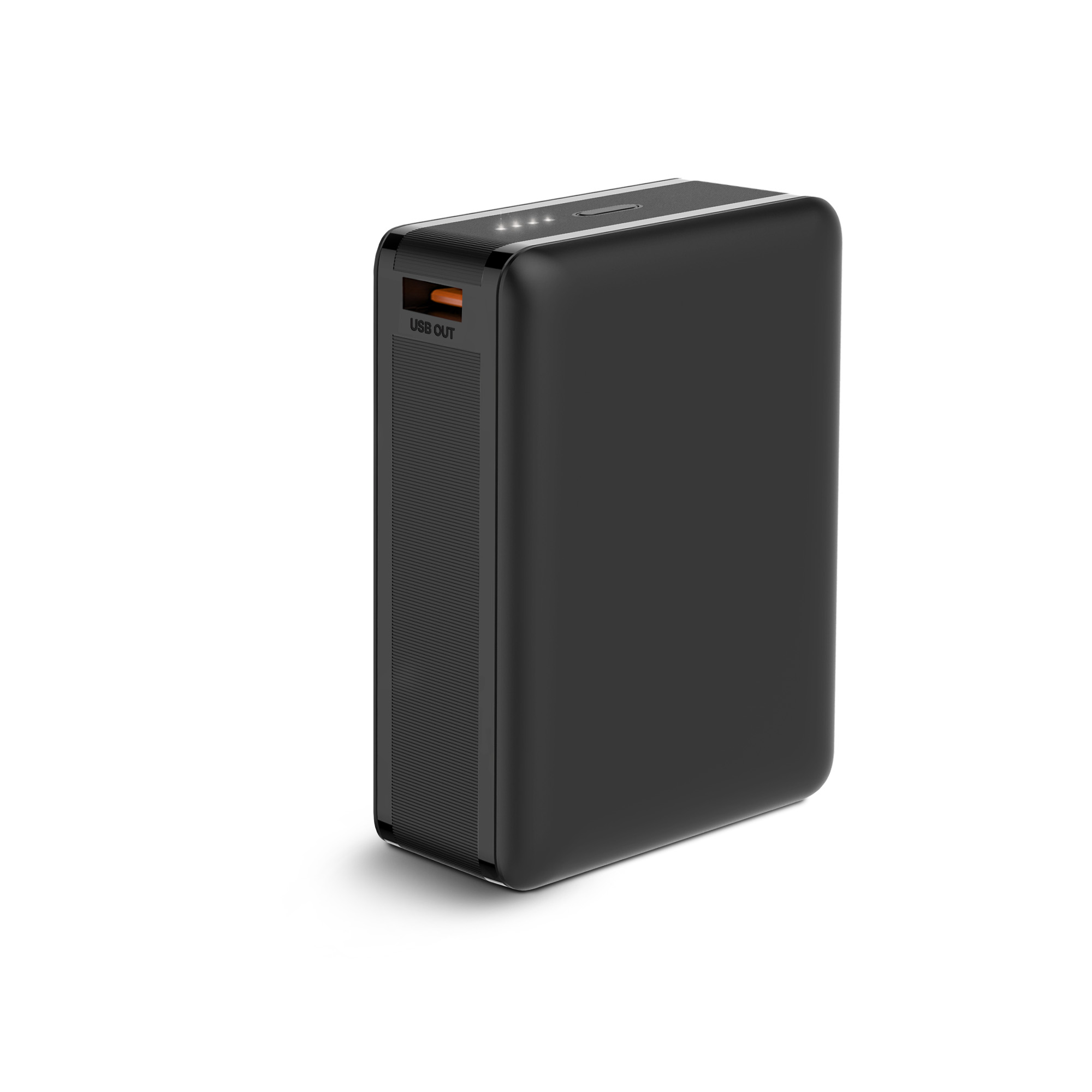 Un power bank nero con una porta USB. Ha quattro luci bianche che indicano il livello della batteria.
