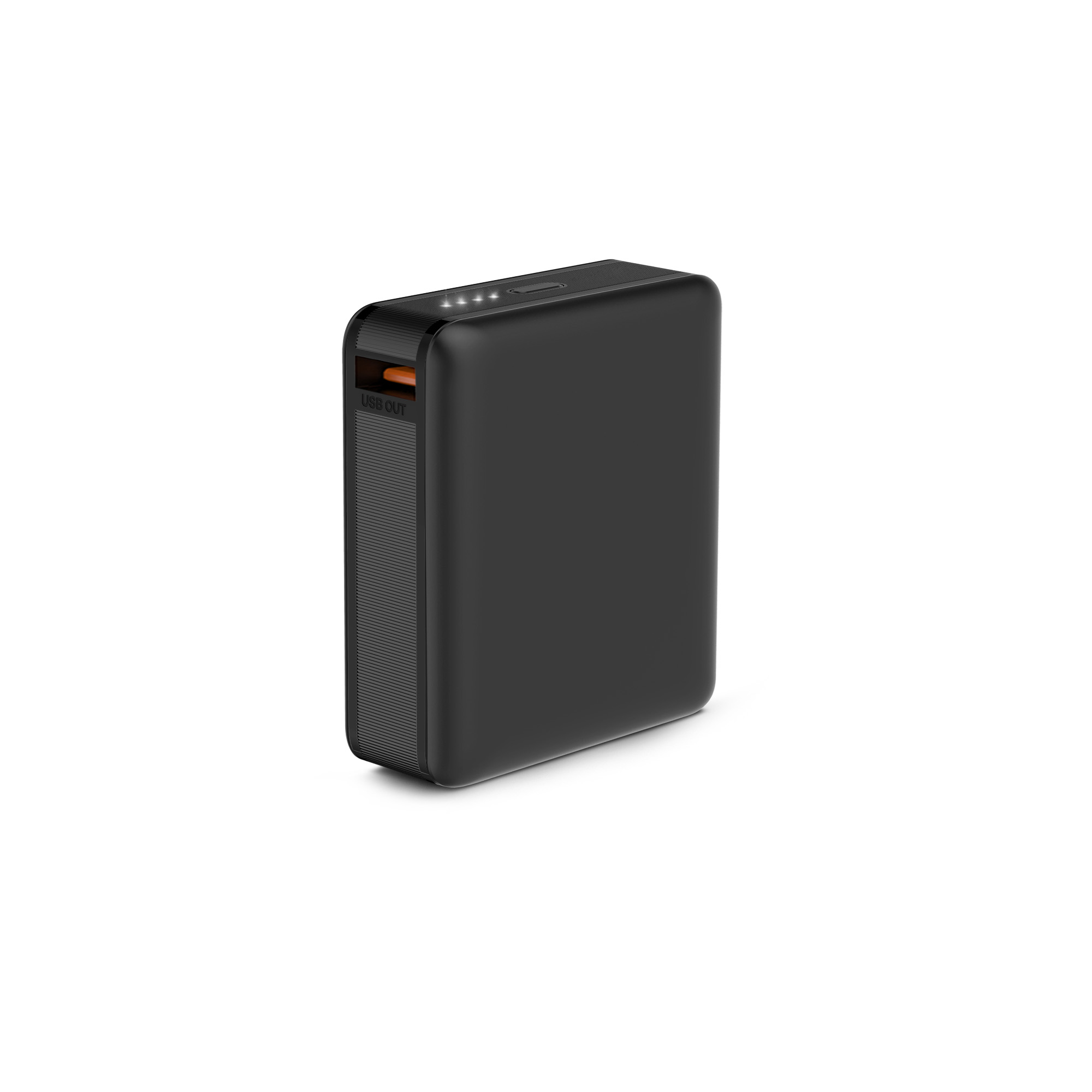 Caricabatterie portatile nero con porta USB arancione su sfondo bianco.