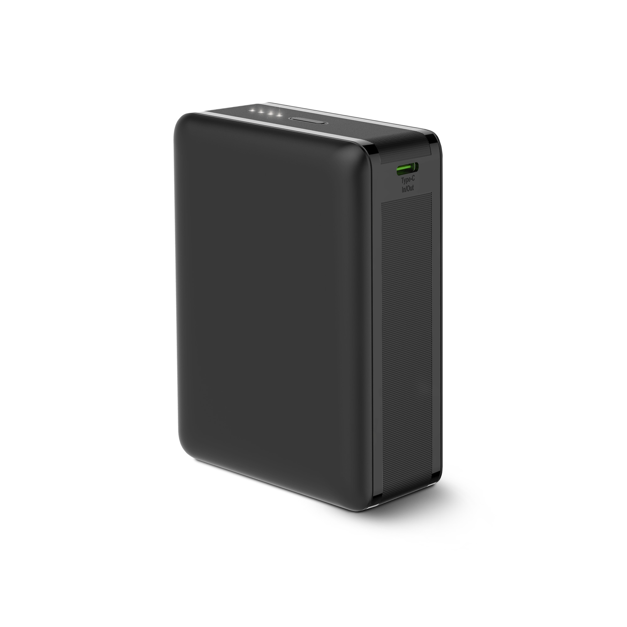 Power bank nero. USB-C e indicatore di alimentazione visibili. Sfondo bianco.