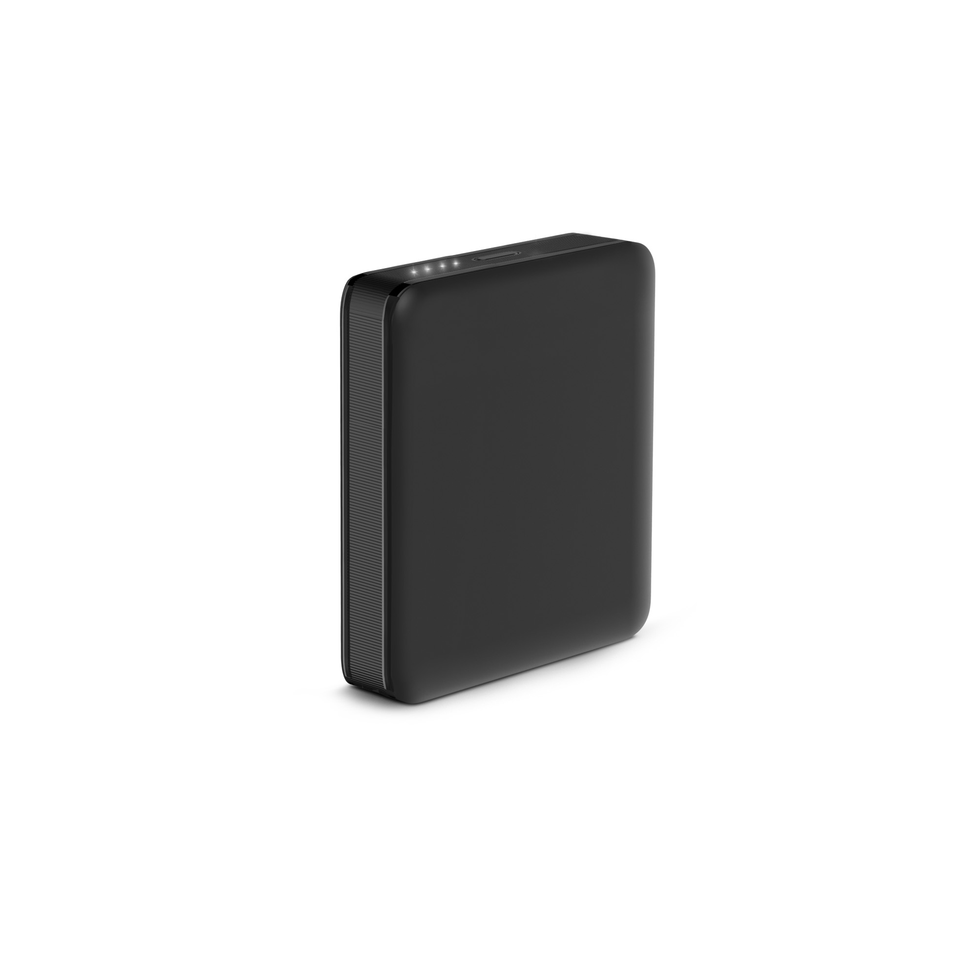 Un banco de energía negro, rectangular, con bordes redondeados e indicadores de carga.