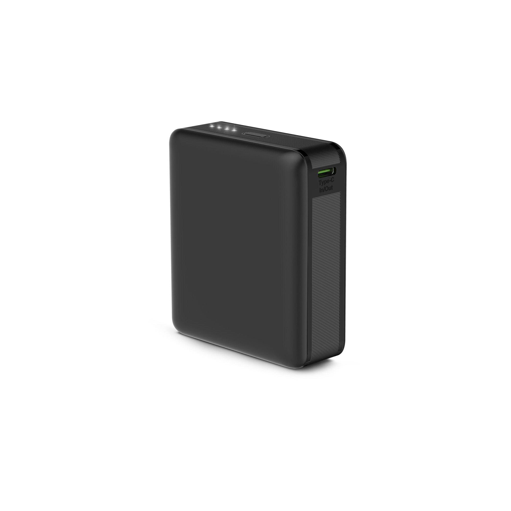 Power bank nero. Forma rettangolare. Isolato su sfondo bianco.