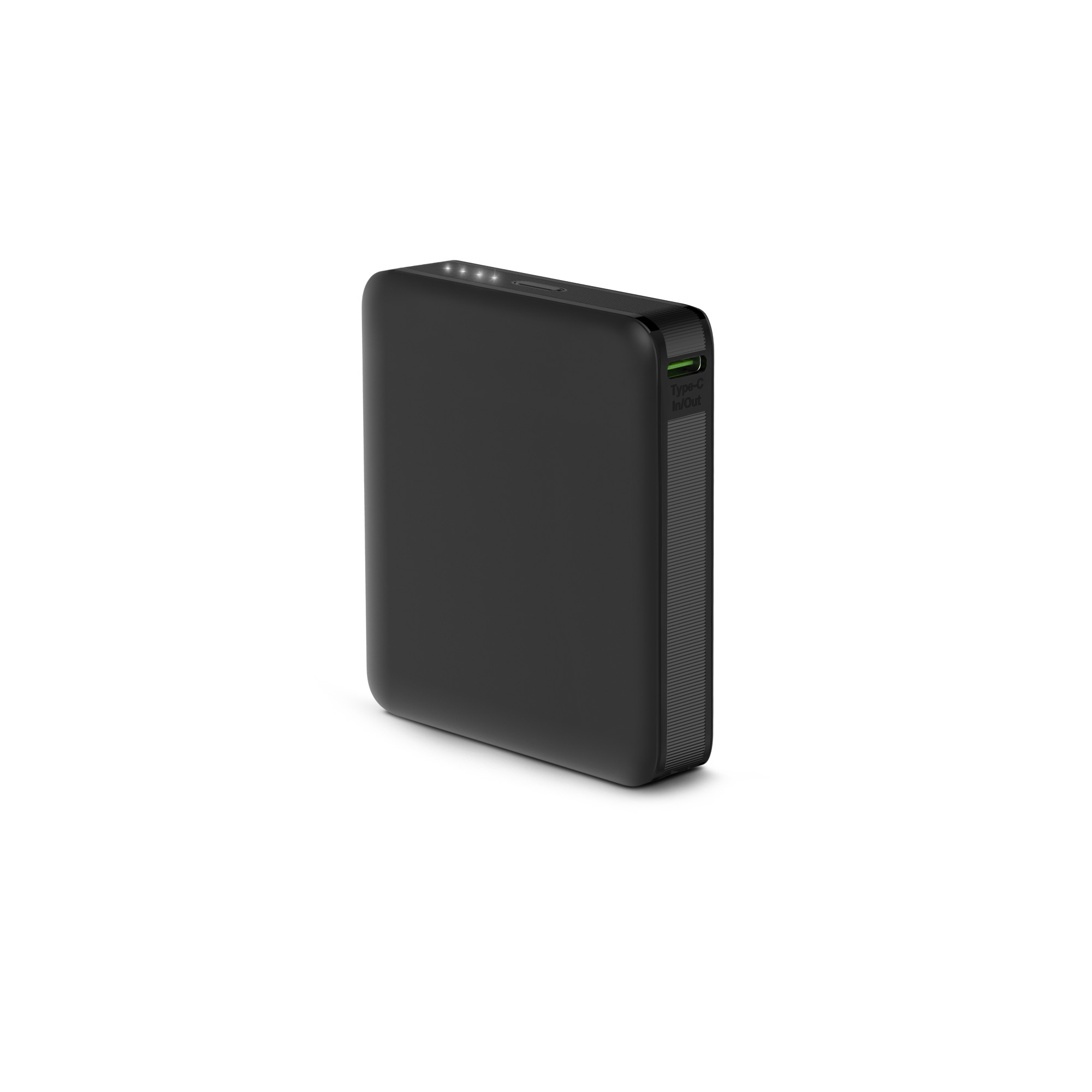 Cargador portátil negro, forma rectangular con puerto USB verde.