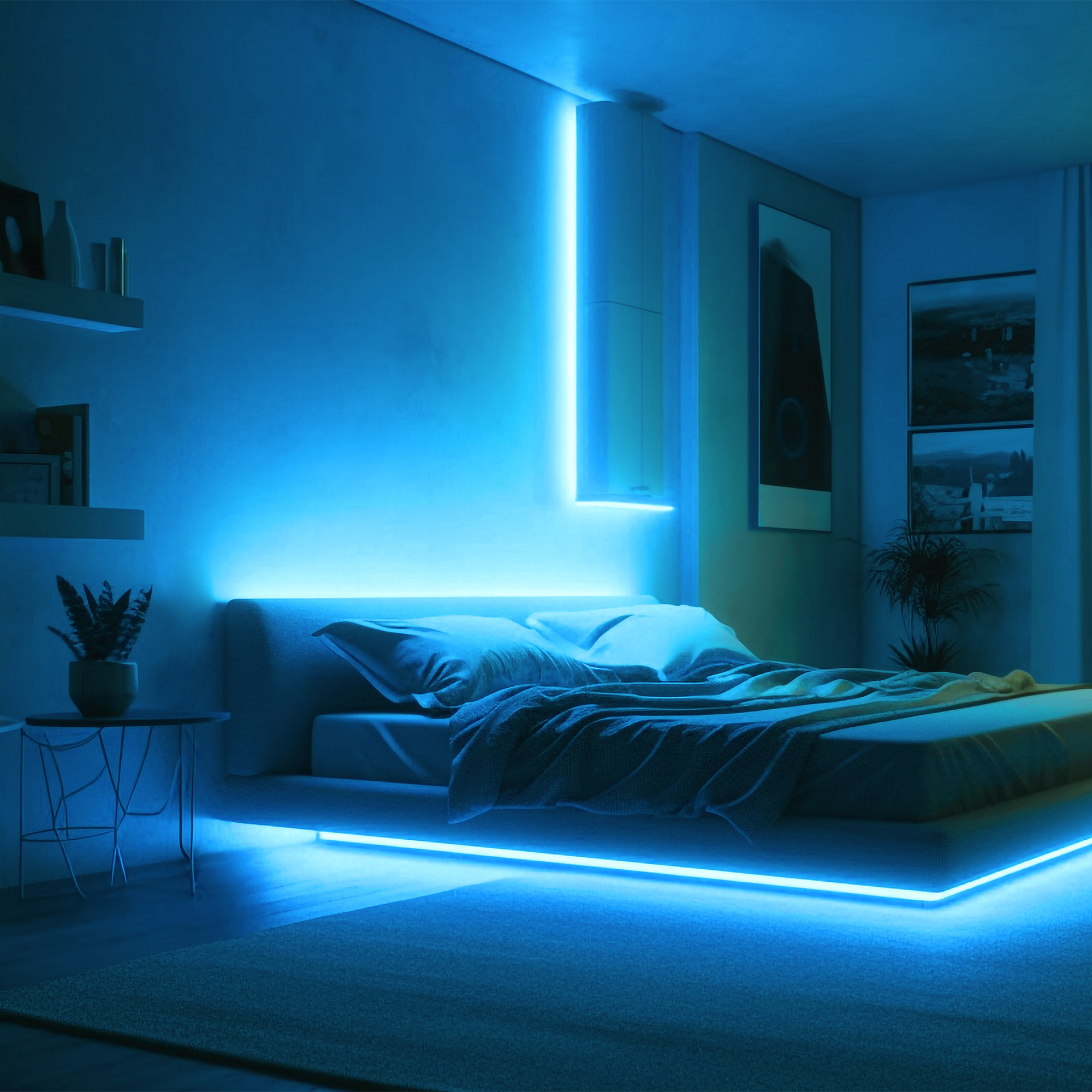Dormitorio con iluminación LED azul alrededor de la cama y en la pared.