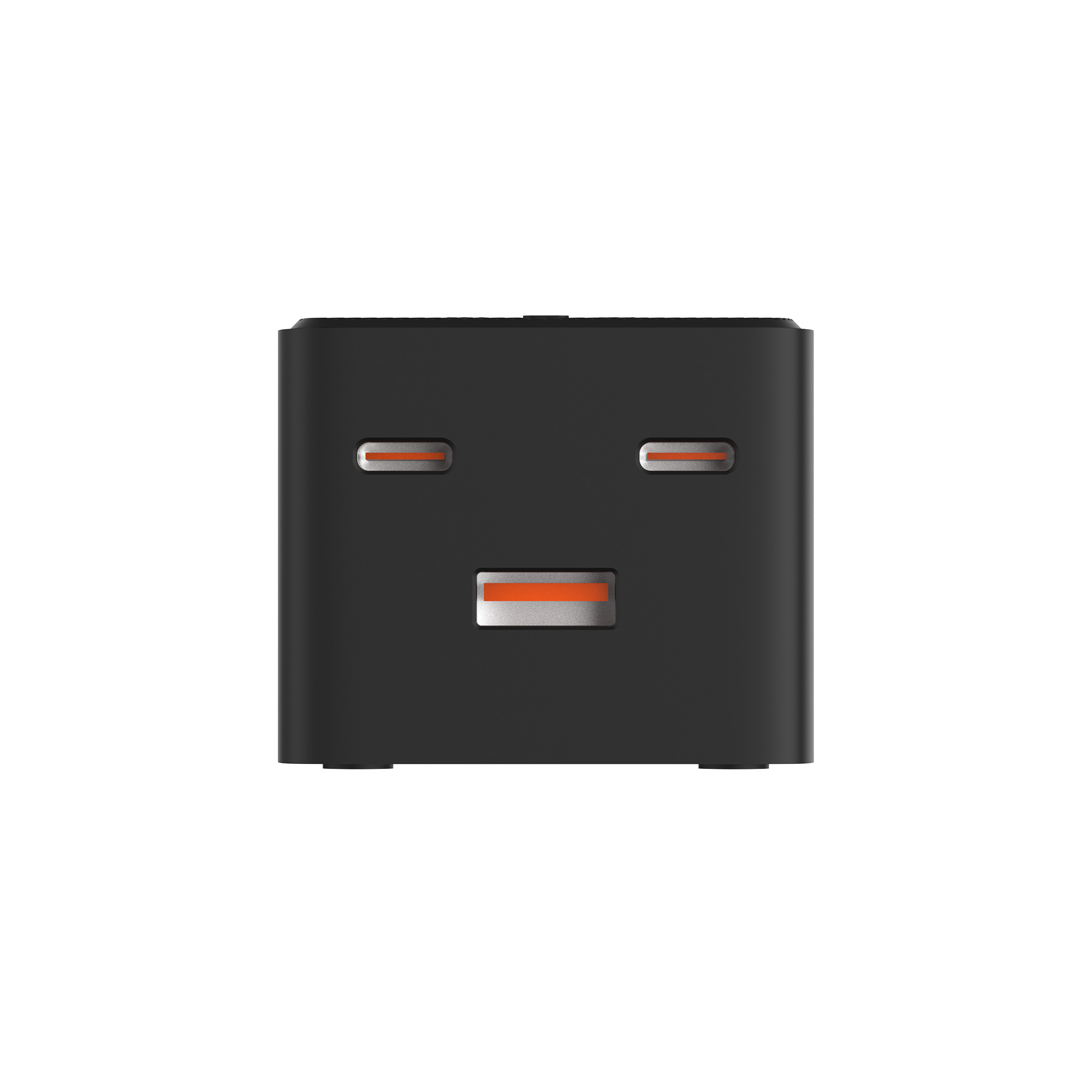 Czarny, prostokątny zasilacz z pomarańczowymi akcentami i trzema gniazdami na wtyczki.