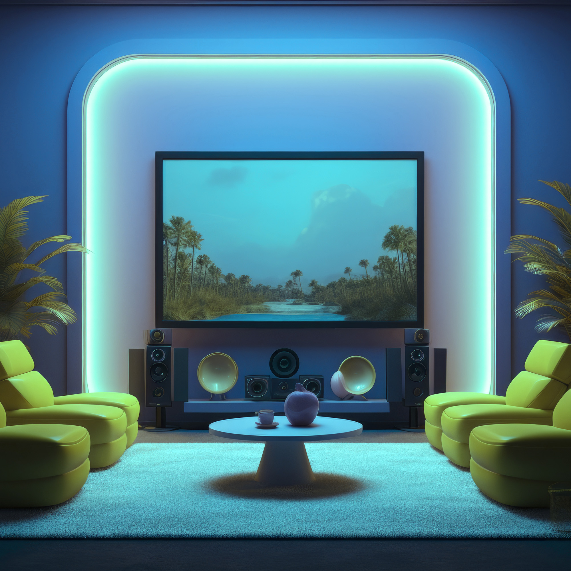 Una sala de estar moderna con una pantalla grande que muestra un paisaje escénico y asientos verdes.