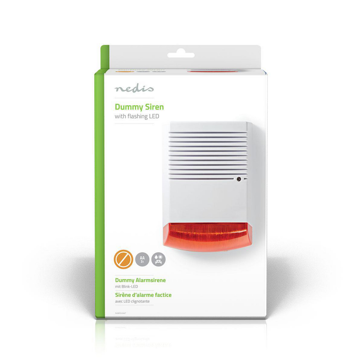 Dummy sirene met knipperende LED-lampjes. Het is wit met een rood licht en een productlabel.