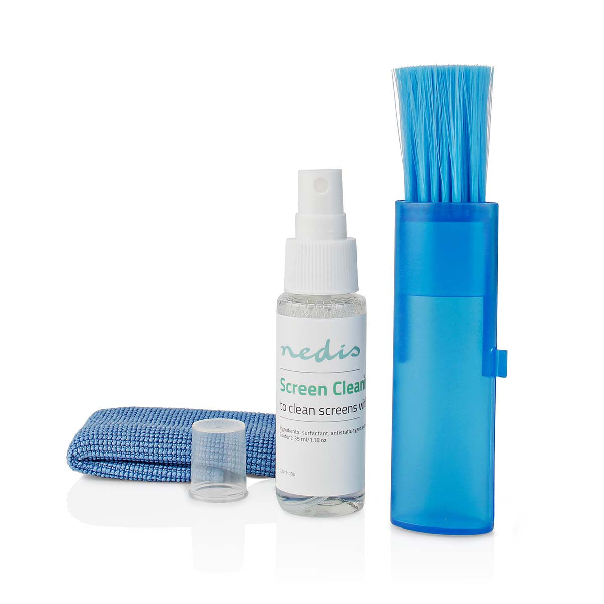 Screen cleaning kit including a spray bottle, microfiber cloth, and a brush.