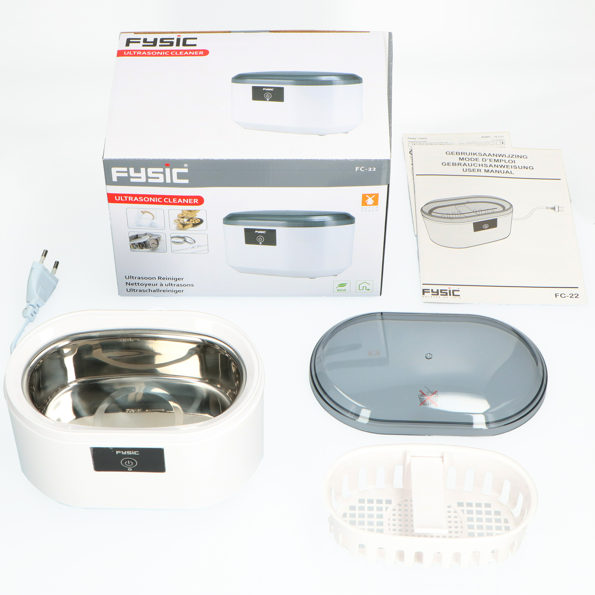 Ultraschallreiniger mit Zubehör. Eine weiß-graue Box und ein weißer Behälter mit Zubehör.
