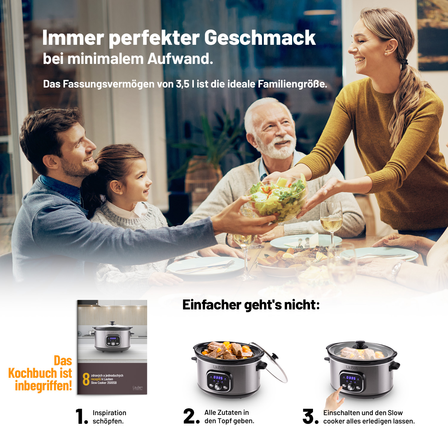 Eine Familie genießt eine Mahlzeit mit einem Slow Cooker. Ein Kochbuch und ein Slow Cooker sind in der Abbildung.