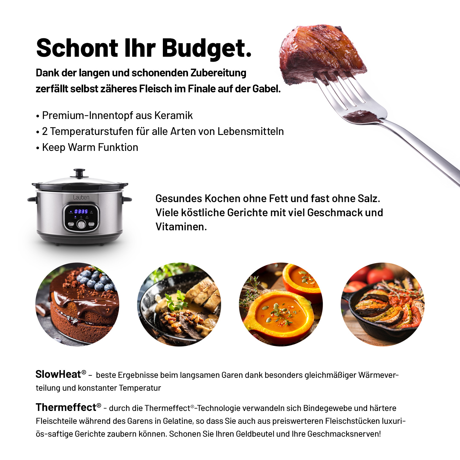 Nahaufnahme eines Slow Cookers mit Lebensmittelproben und Text, der die Vorteile beschreibt.