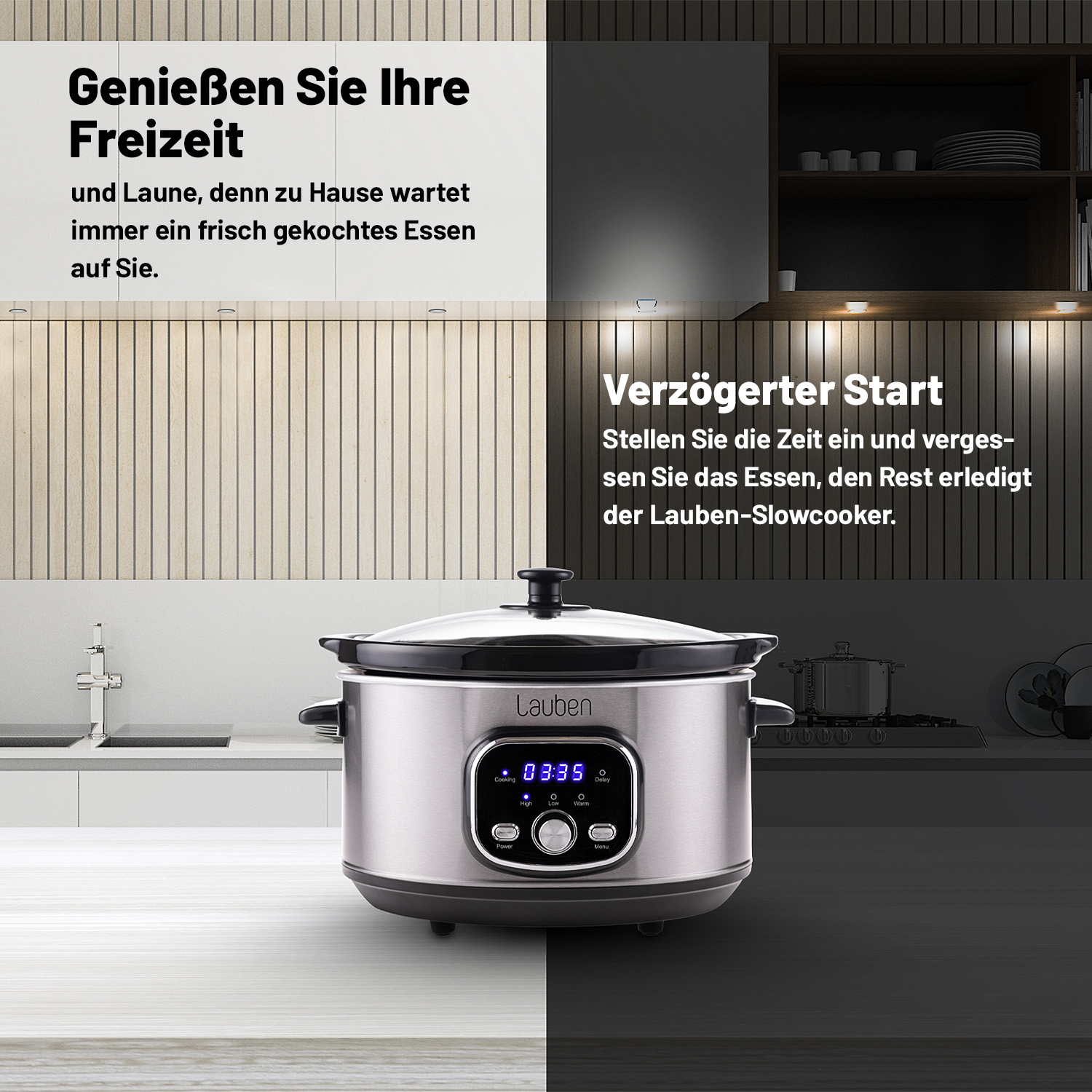 Ein Slow Cooker steht auf einem Tisch. Text beschreibt freie Zeit mit frisch gekochtem Essen.