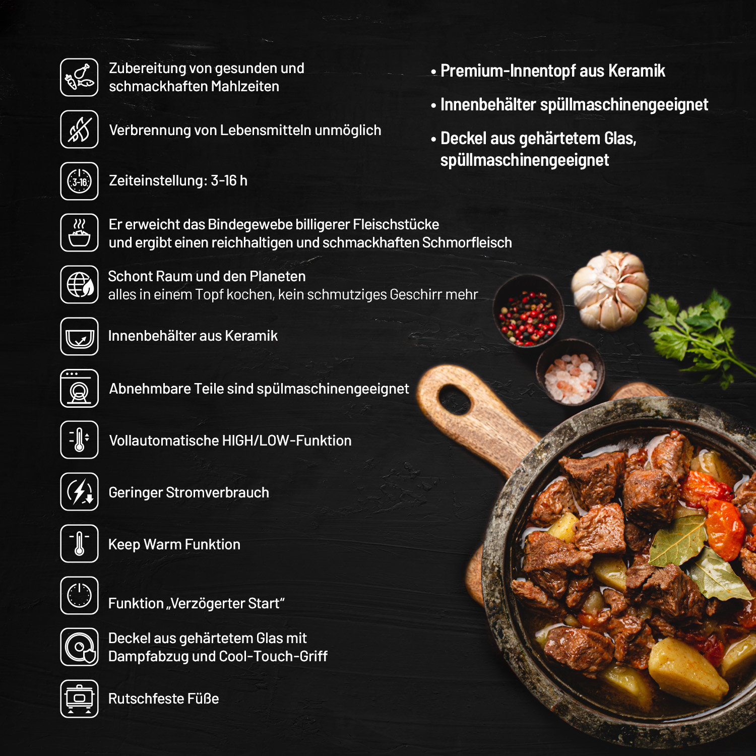 Ein Tisch mit einem Topf mit Essen, Zutaten und einer Liste der Kochfunktionen.