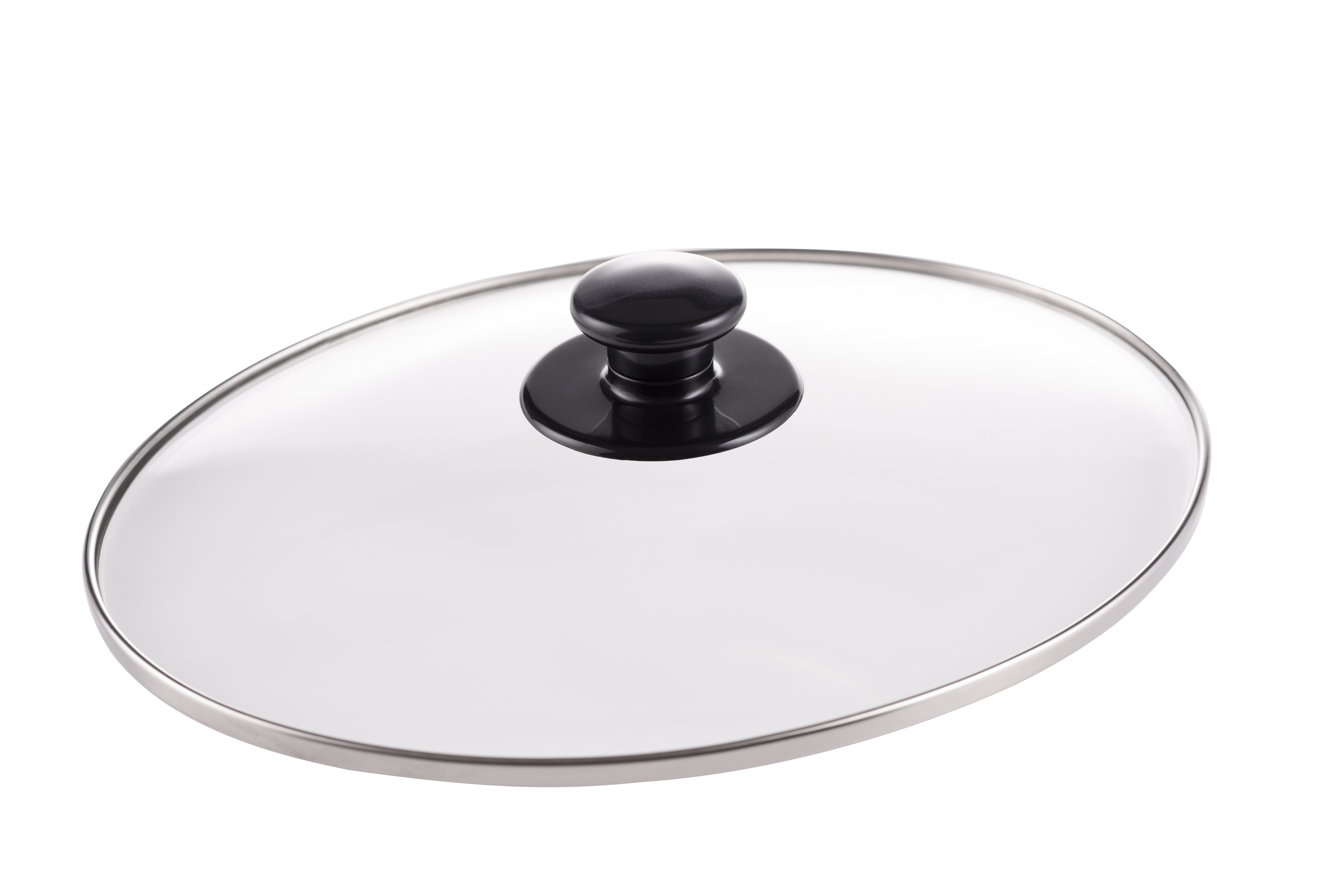 Klarer Glasdeckel mit schwarzem Griff. Der Deckel ist oval und liegt auf weißem Untergrund.