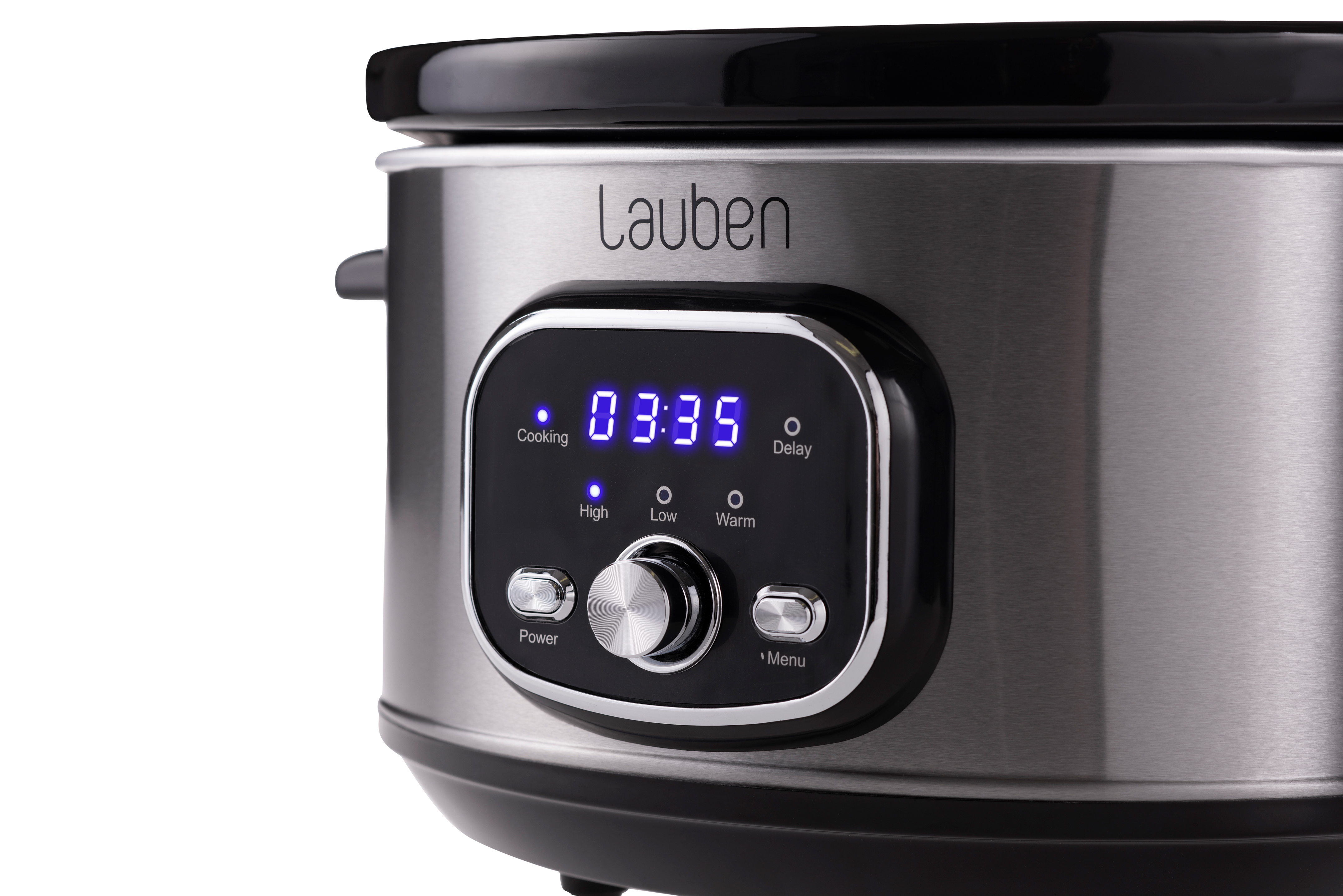 Nahaufnahme eines silber-schwarzen Lauben Slow Cookers mit digitaler Zeitanzeige.