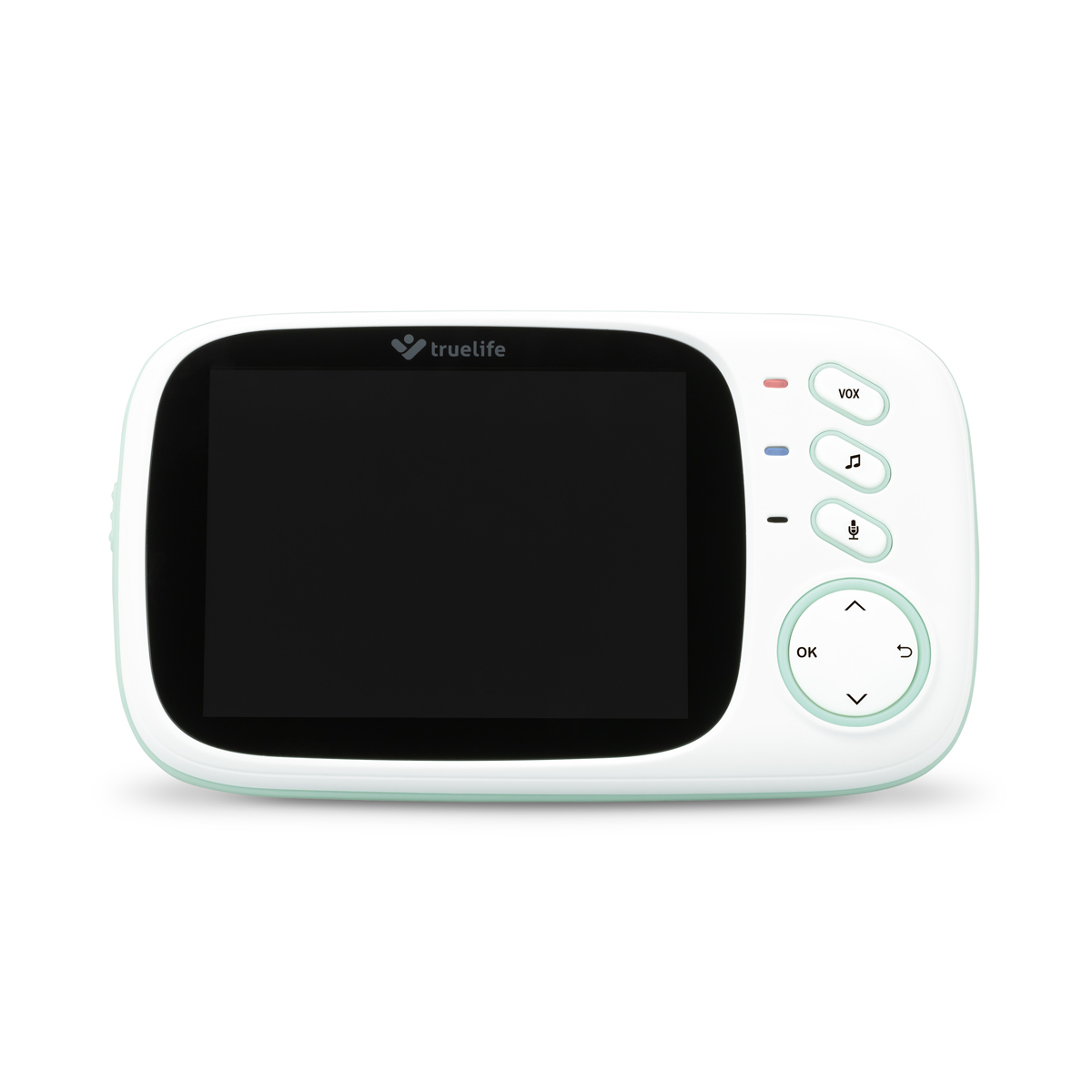 Weißer Babyphone mit schwarzem Bildschirm, Knöpfen auf der rechten Seite und Truelife-Logo oben.
