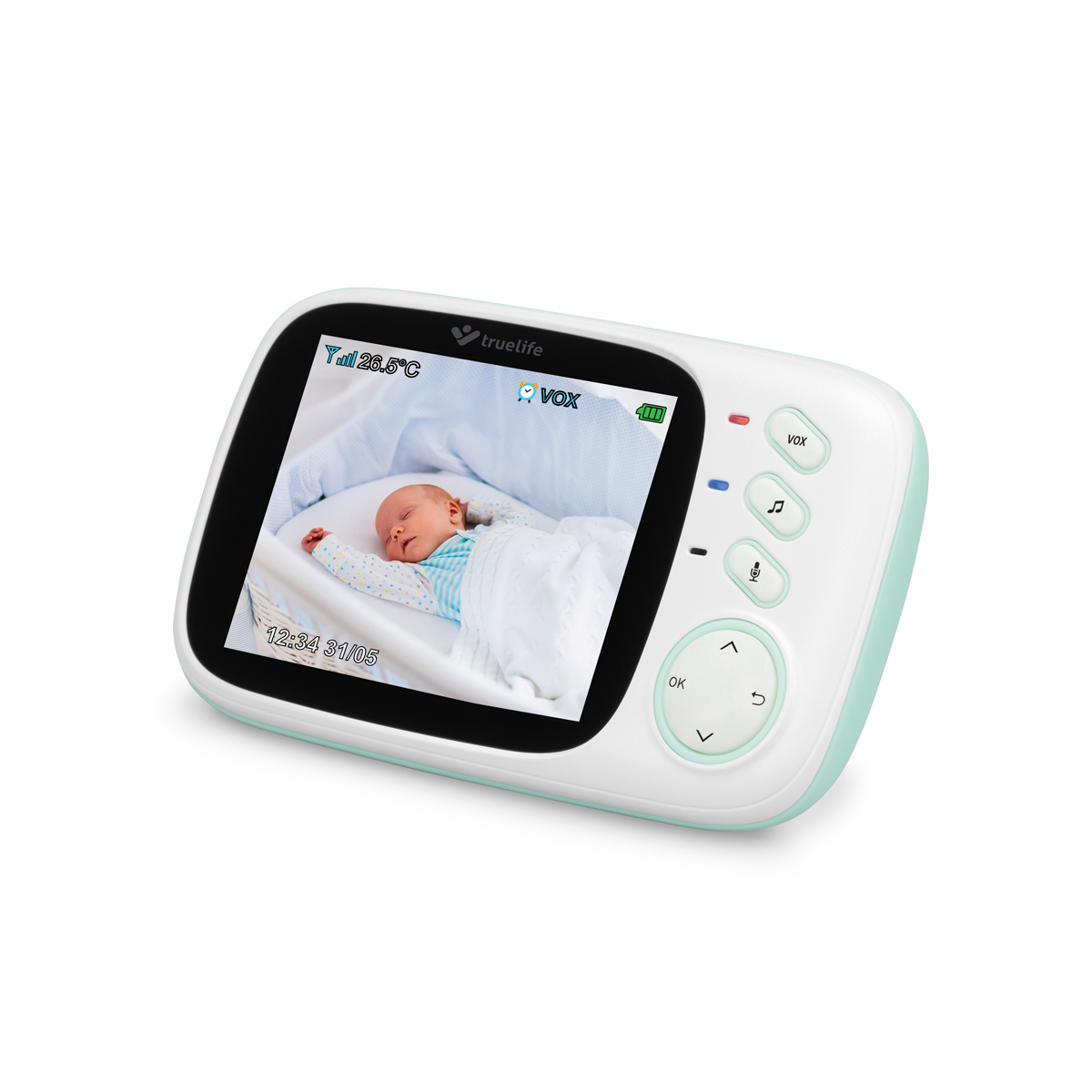 Babyphone mit schlafendem Baby im Kinderbett, Bildschirm zeigt Zeit und Temperatur an.