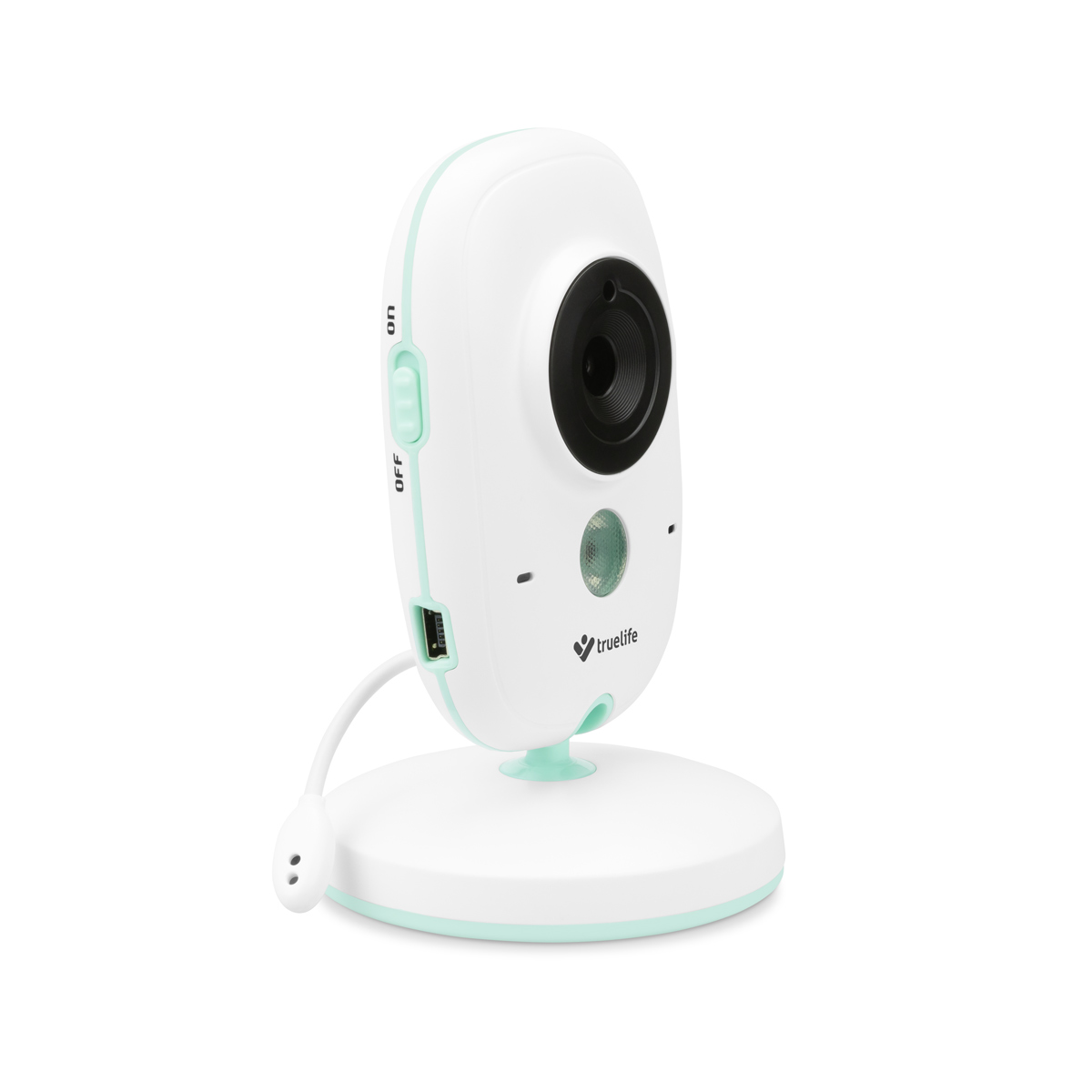 Eine weiße Babyphone-Kamera mit mintgrüner Basis, zeigt eine klare Frontansicht.