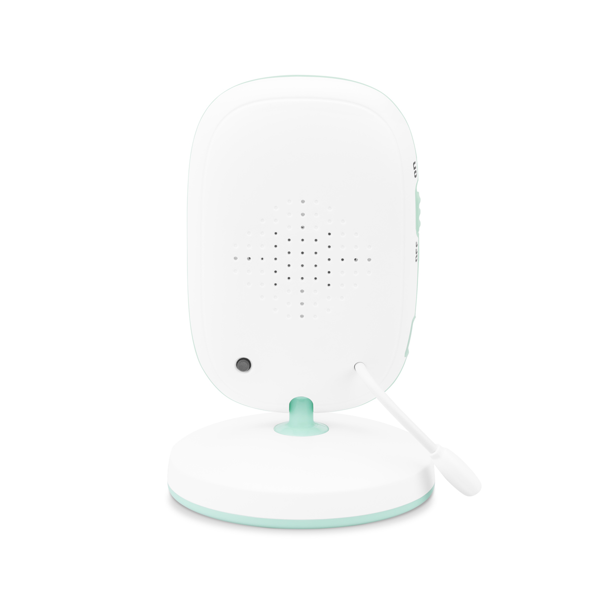 Babyphone mit abgerundeten Kanten, weißem Gehäuse, Mint-Akzenten und einer kleinen Antenne.