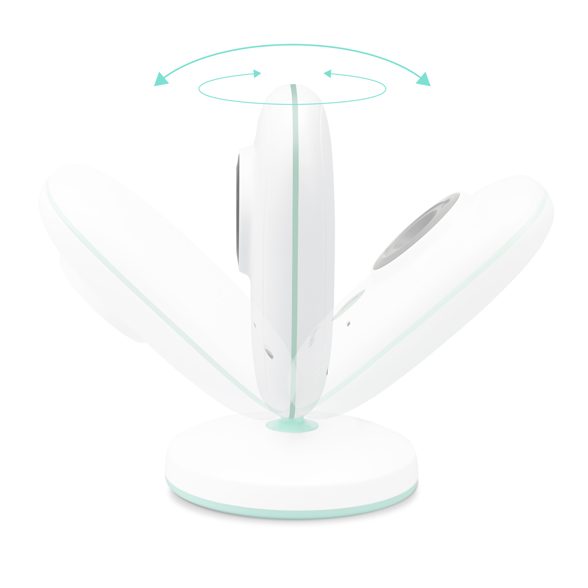 Ein weißer Babyphone-Monitor, der sich dreht, mit Pfeilen, die die Drehrichtungen anzeigen.