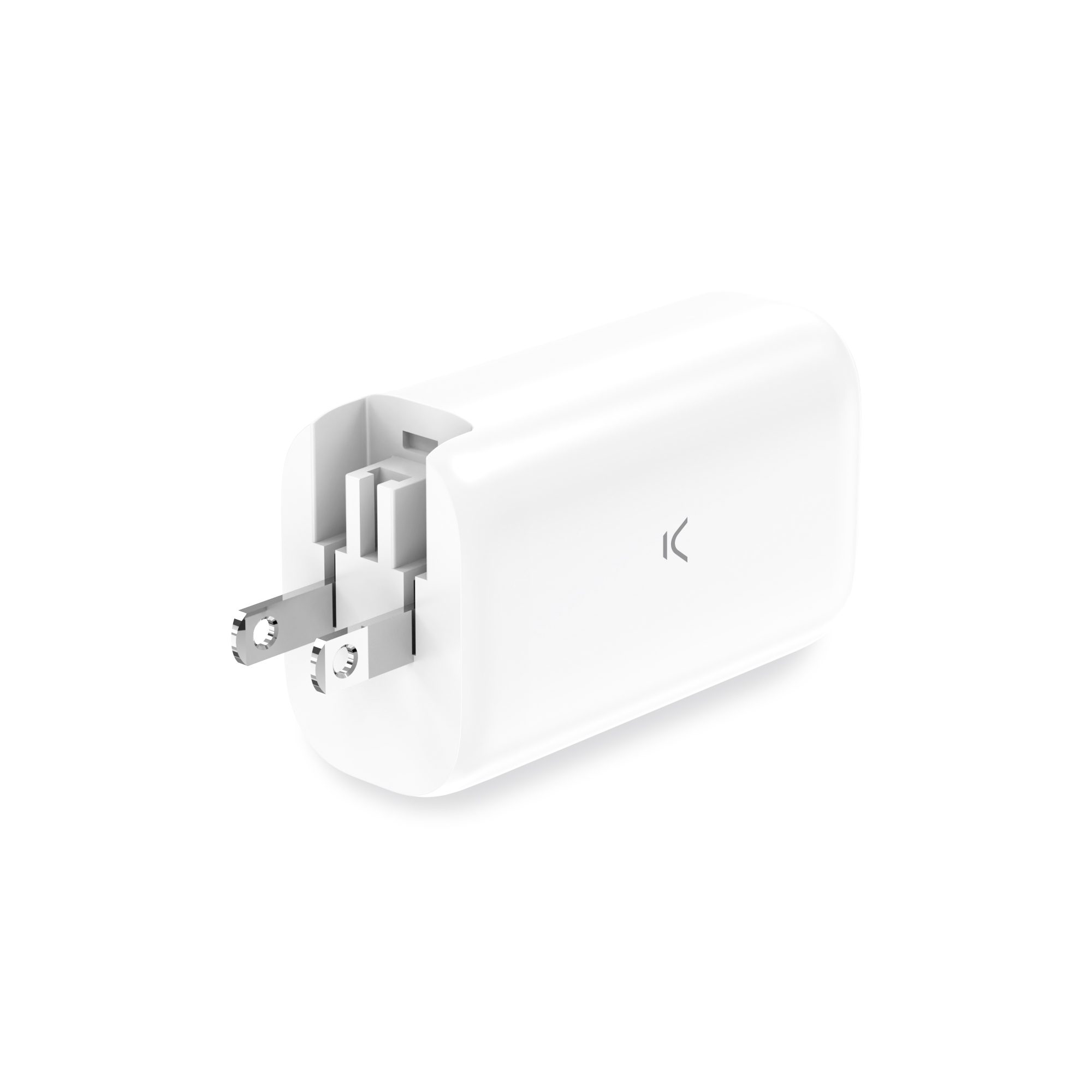 Cargador de pared blanco con dos clavijas metálicas, aislado sobre fondo blanco.