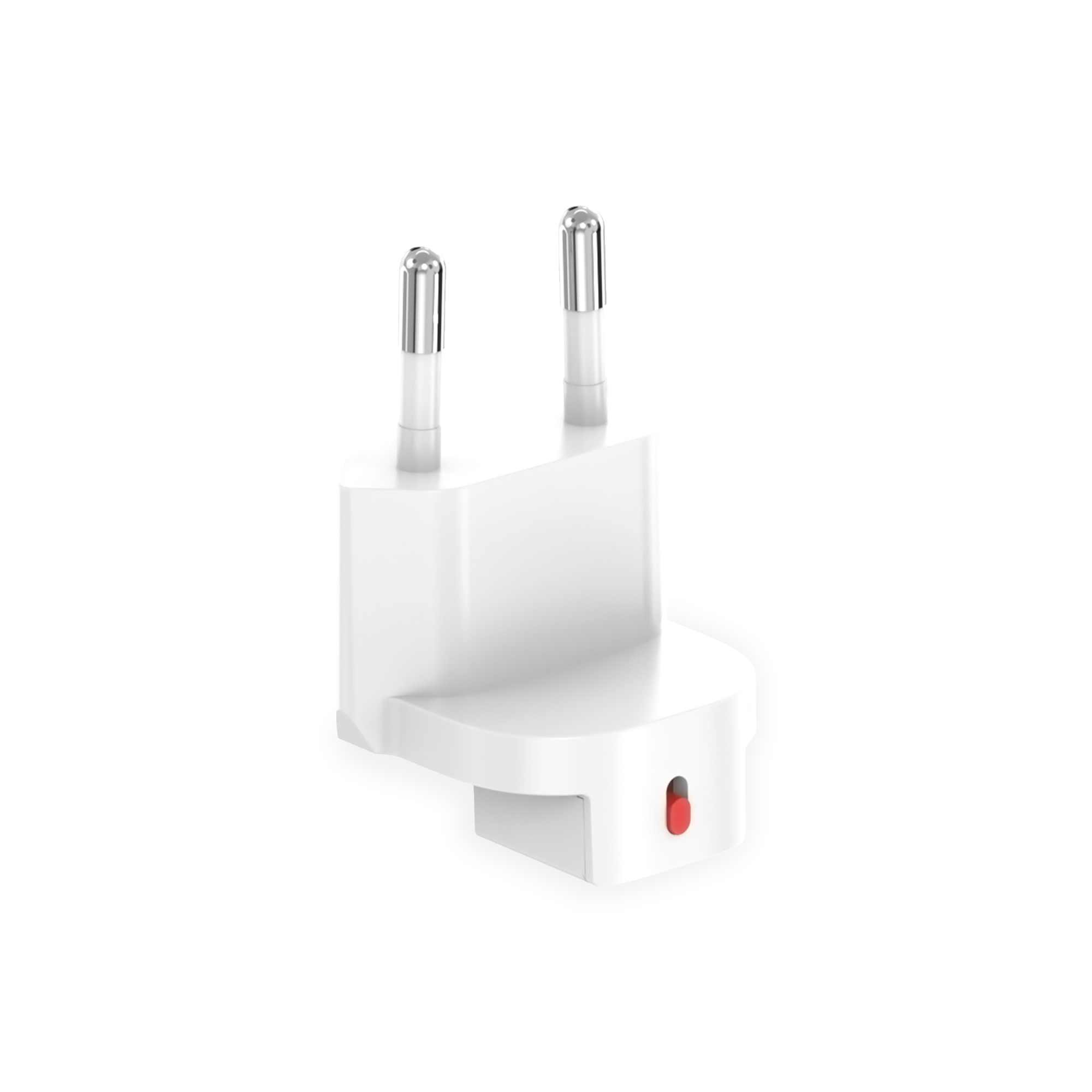 Adaptador de enchufe europeo blanco. Dos clavijas y un botón rojo visibles.