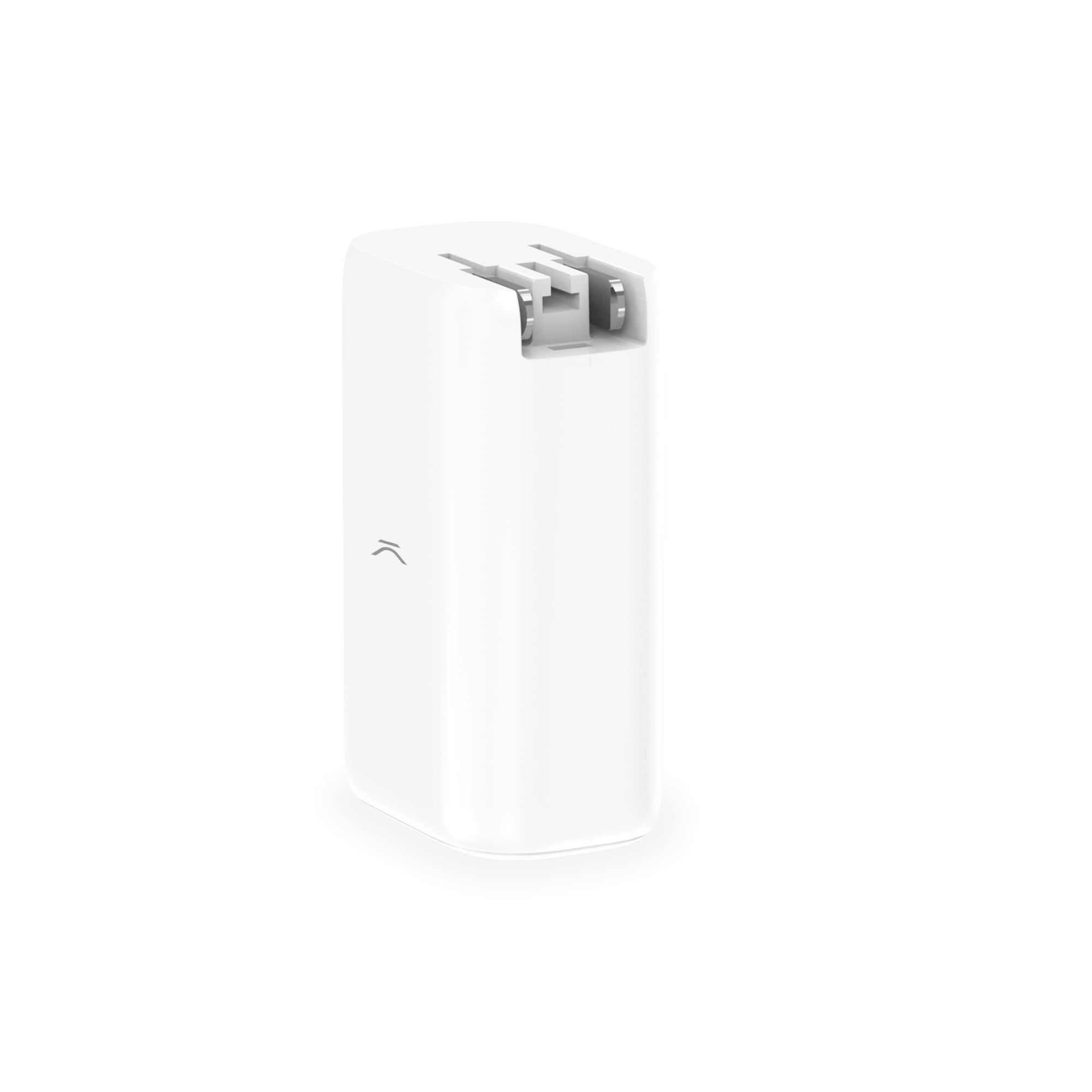 Adaptador eléctrico blanco. Se ven dos clavijas metálicas. El fondo es blanco.
