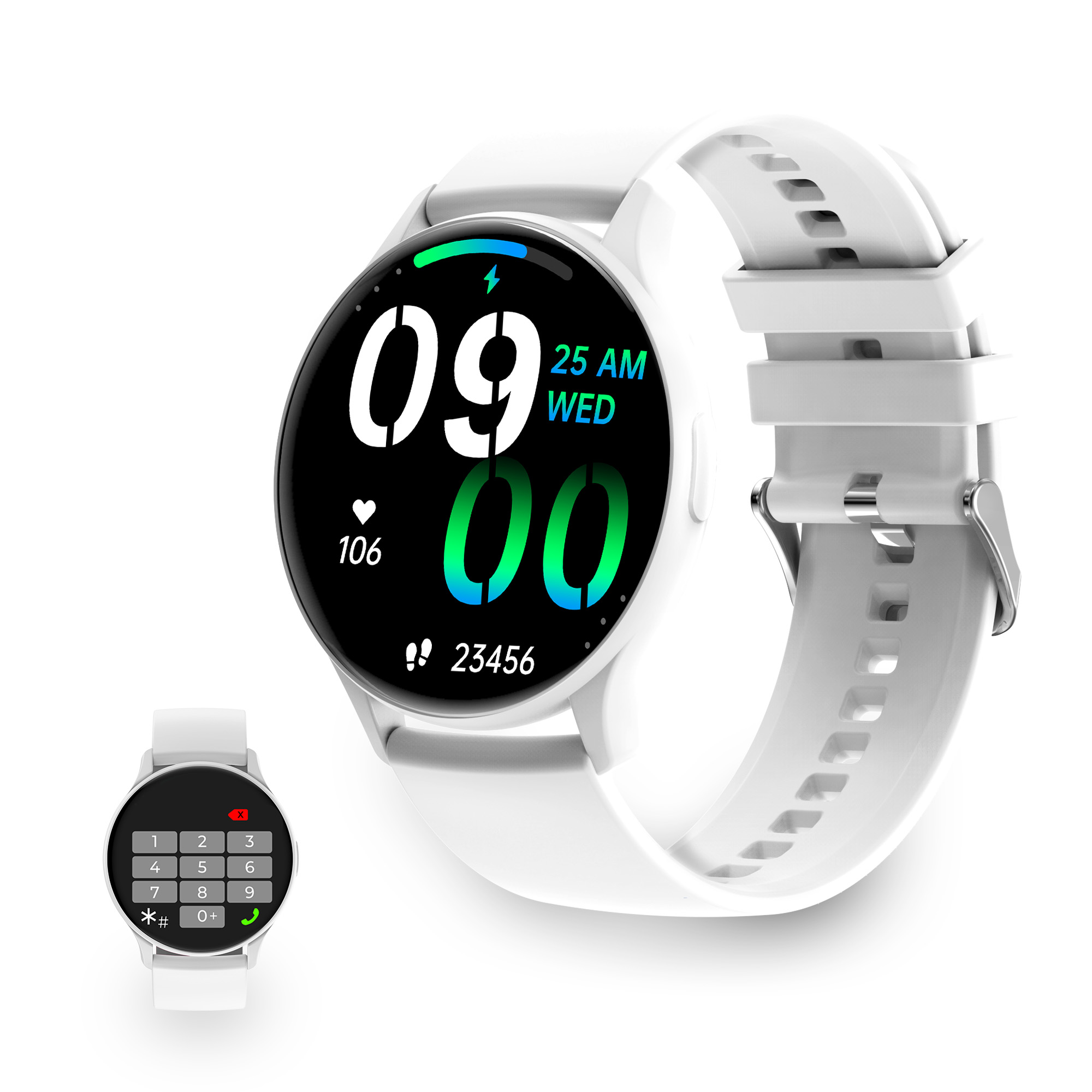 Smartwatch bianco che mostra ora, data e metriche di attività con un orologio più piccolo accanto.