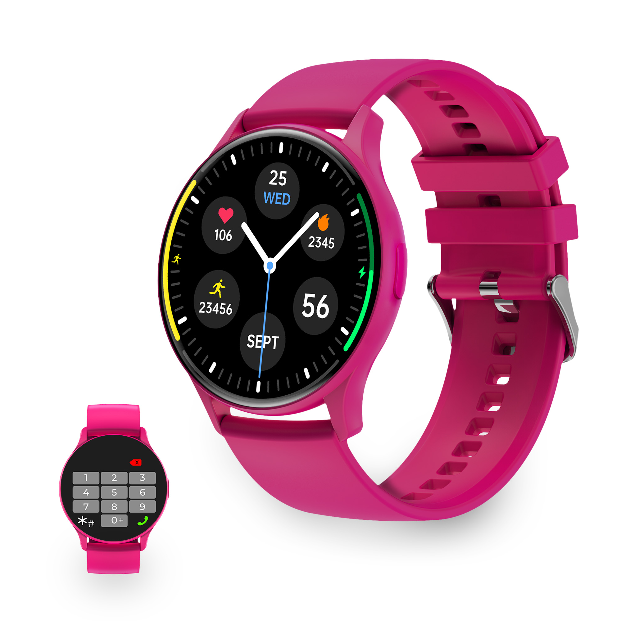 Smartwatch rosa con quadrante e cinturino. Piccolo smartwatch rosa sotto. Visualizza cuore, passi, fuoco e ora.