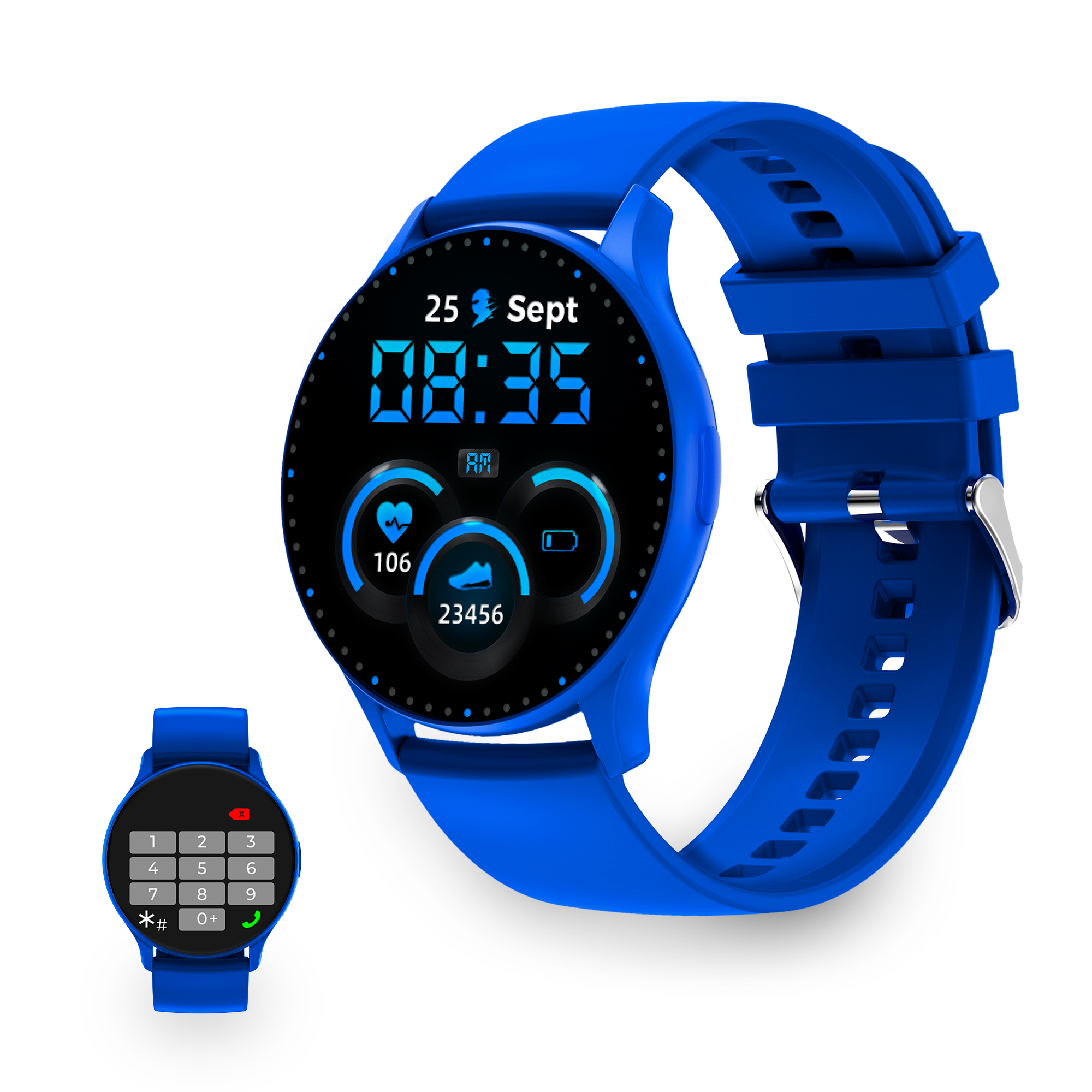 Smartwatch blu con display digitale che mostra ora, frequenza cardiaca e passi. Piccola tastiera sotto.