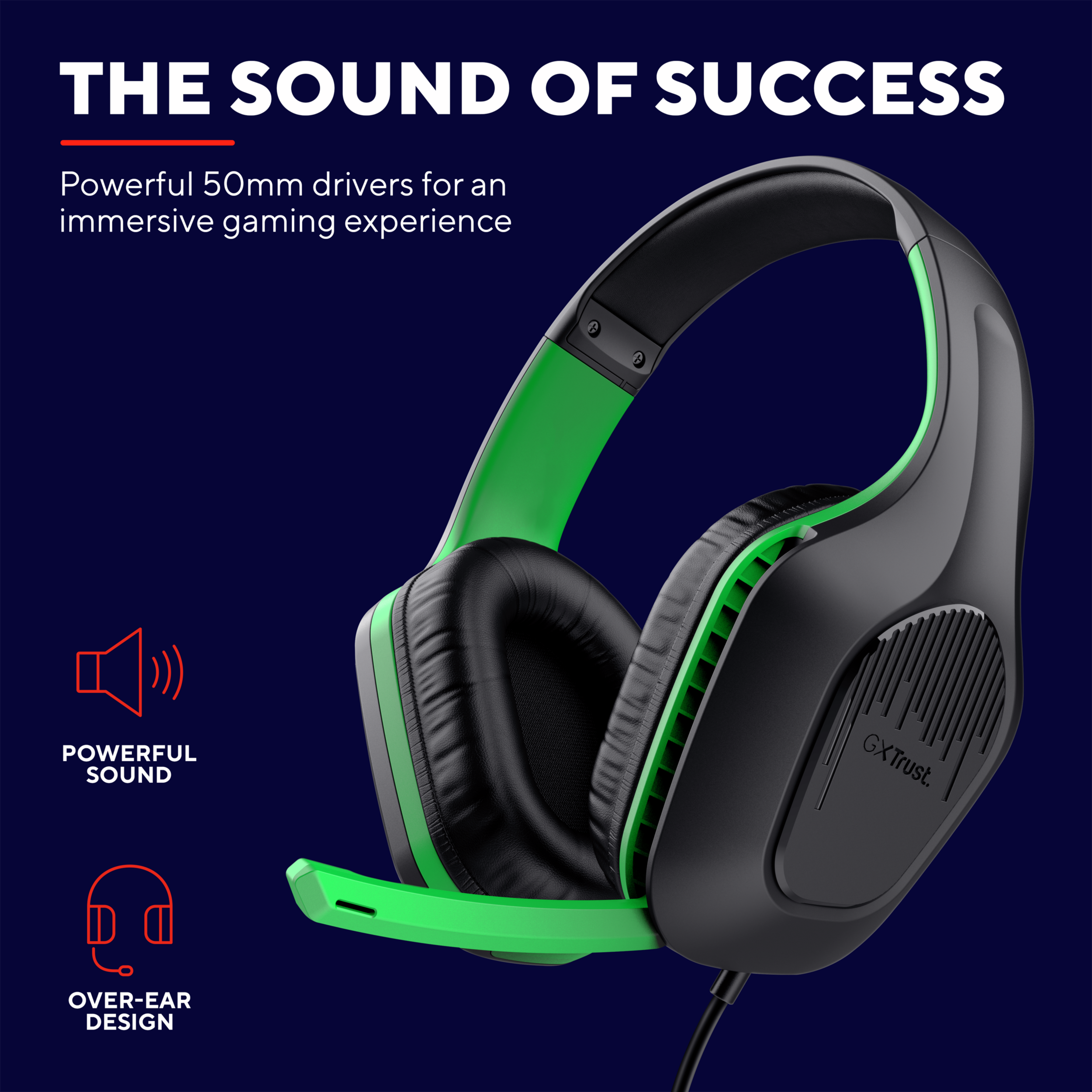 Czarny i zielony zestaw słuchawkowy dla graczy z tekstem. Funkcje obejmują konstrukcję nauszną i mocny dźwięk.