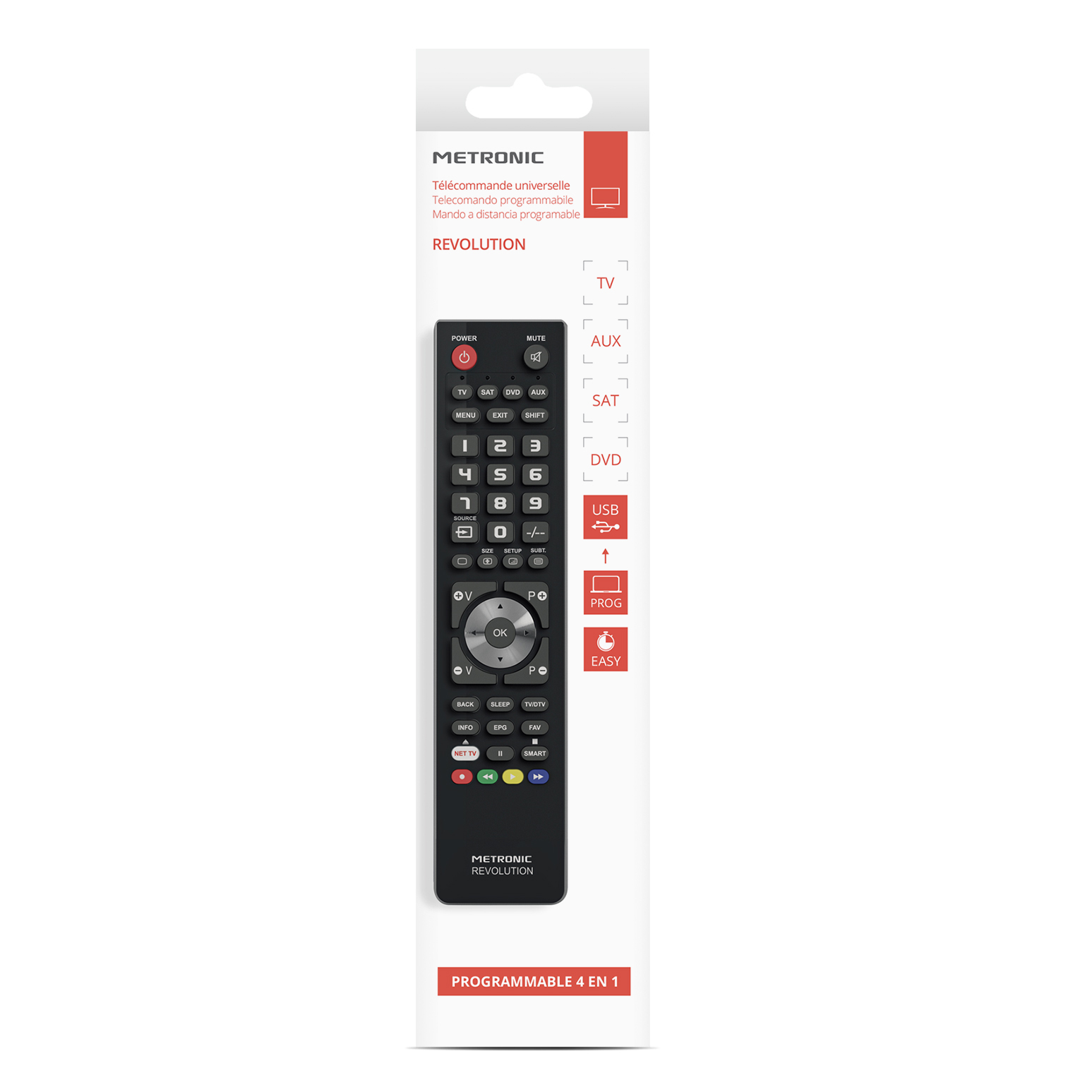 Control remoto en embalaje. Mando negro, con botones y texto. Fondo blanco.