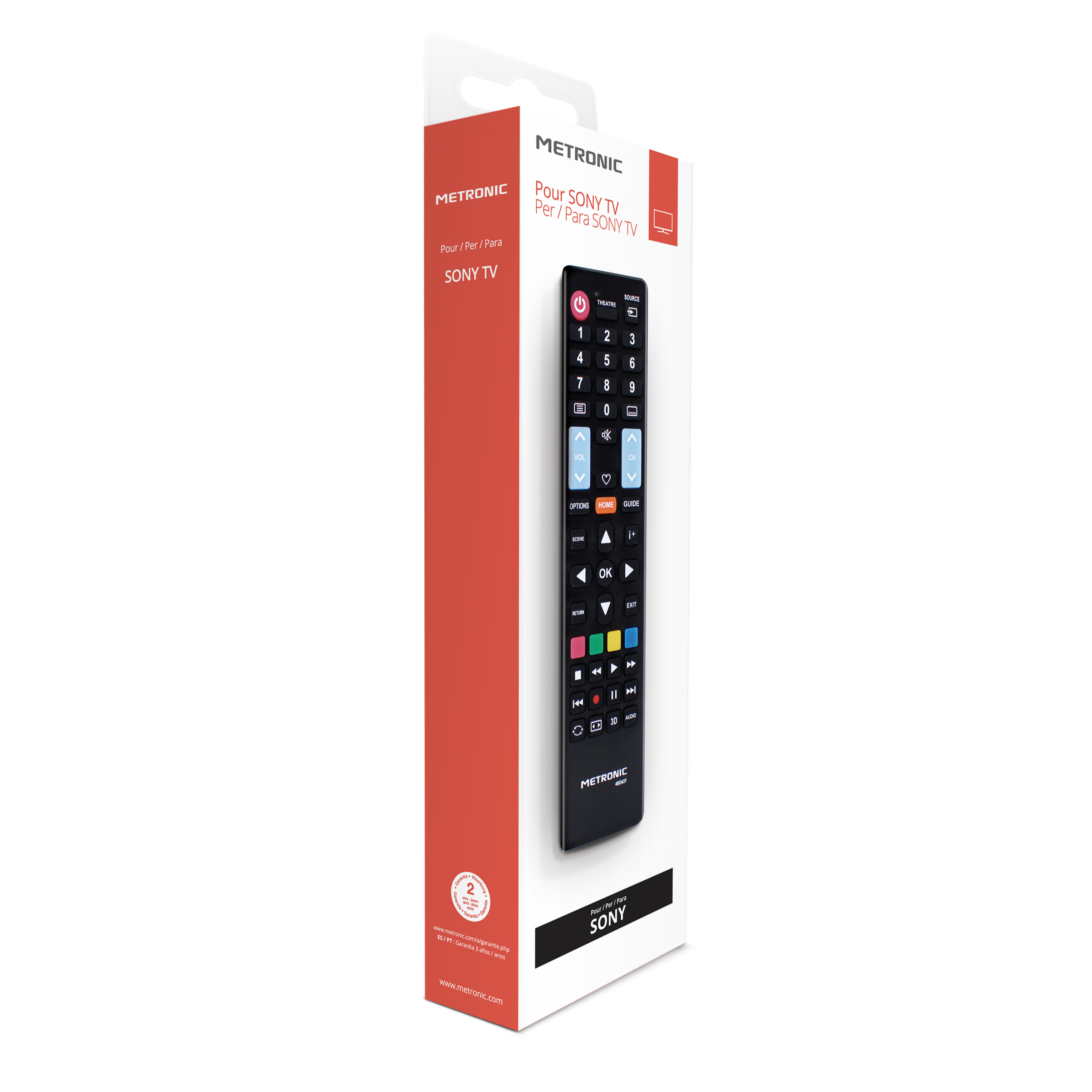 Un mando a distancia Metronic en su caja, con un diseño rojo y blanco.