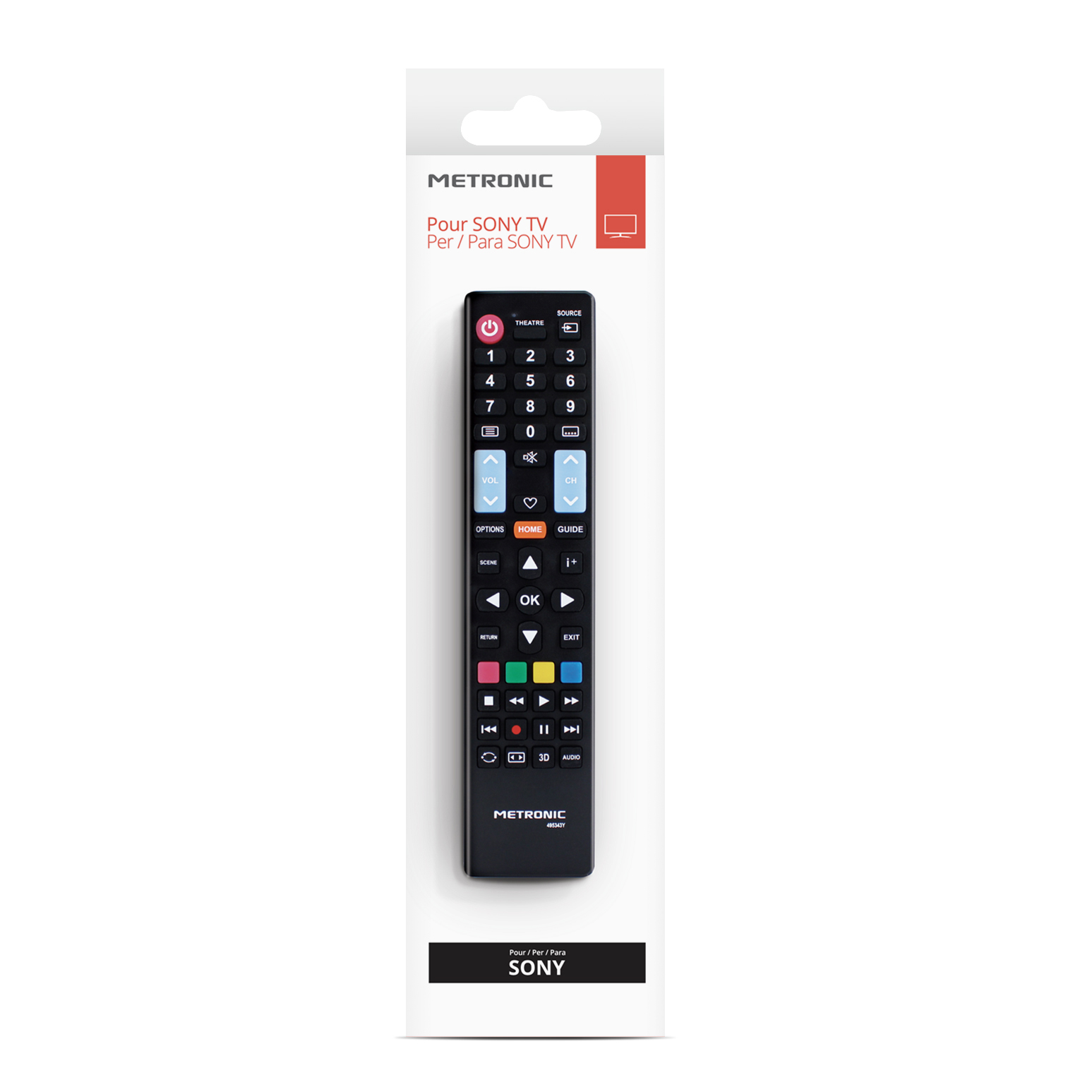 Un mando a distancia negro para TV Sony en su embalaje, sobre fondo blanco.