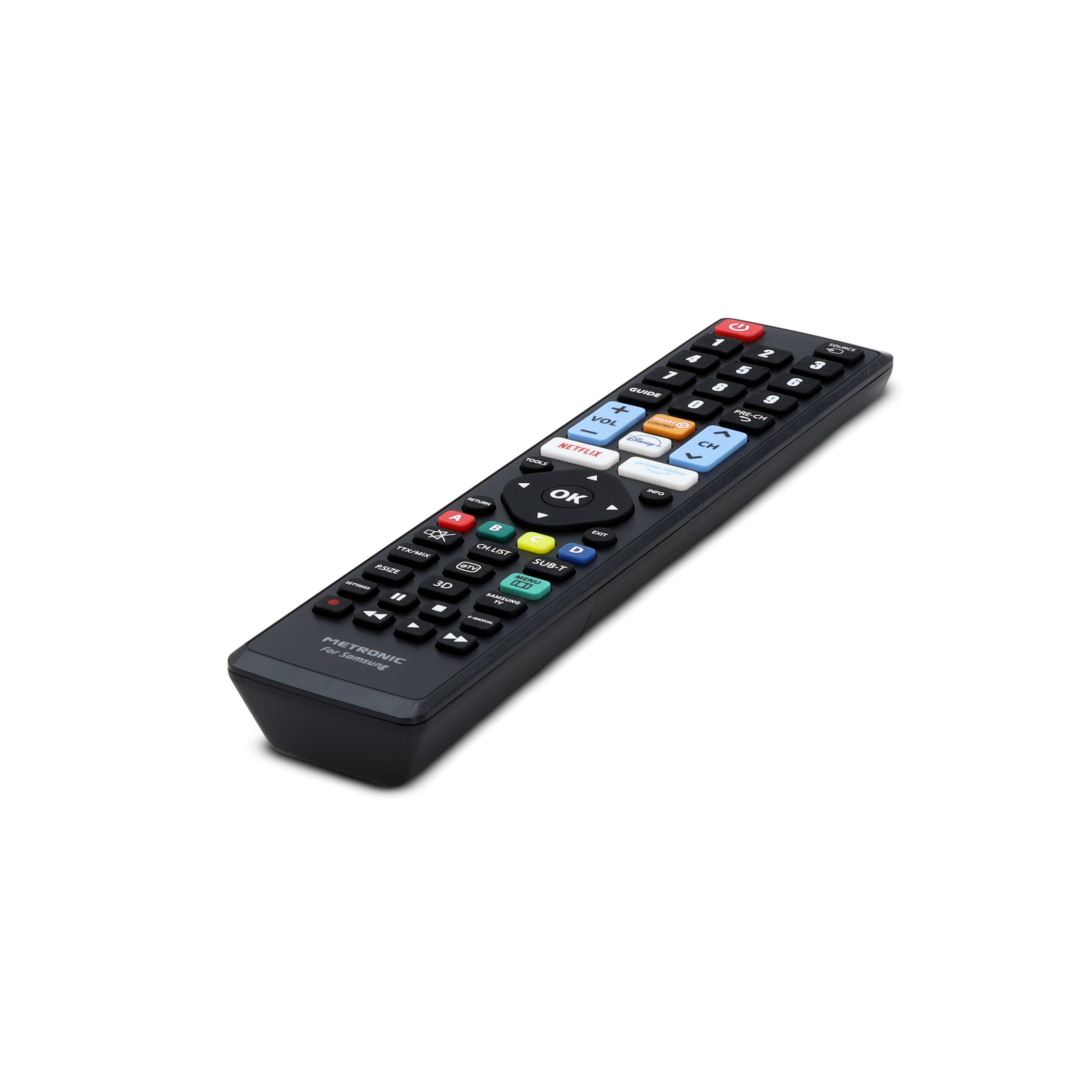 Mando a distancia negro con muchos botones, incluyendo Netflix y OK. Fondo blanco. Vista en ángulo.