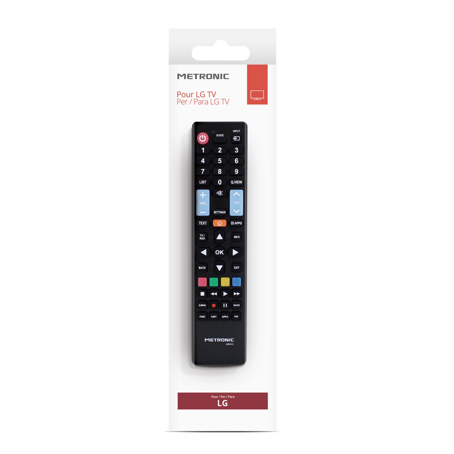 Mando a distancia Metronic negro para TV LG. Botones numerados y etiquetados. Empaquetado en cartón blanco y rojo.