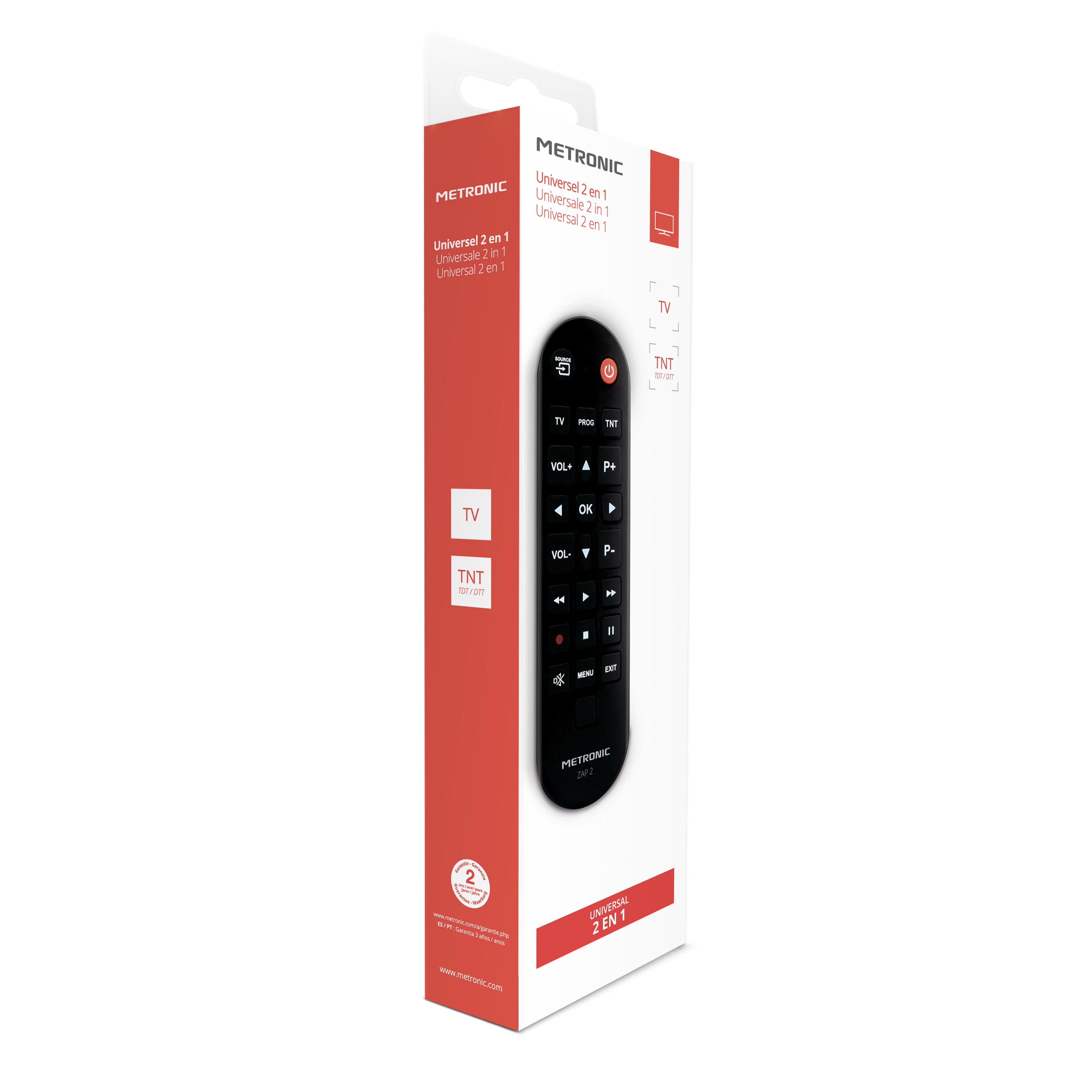 Uniwersalny pilot do TV w opakowaniu, z przyciskami i nazwą marki.