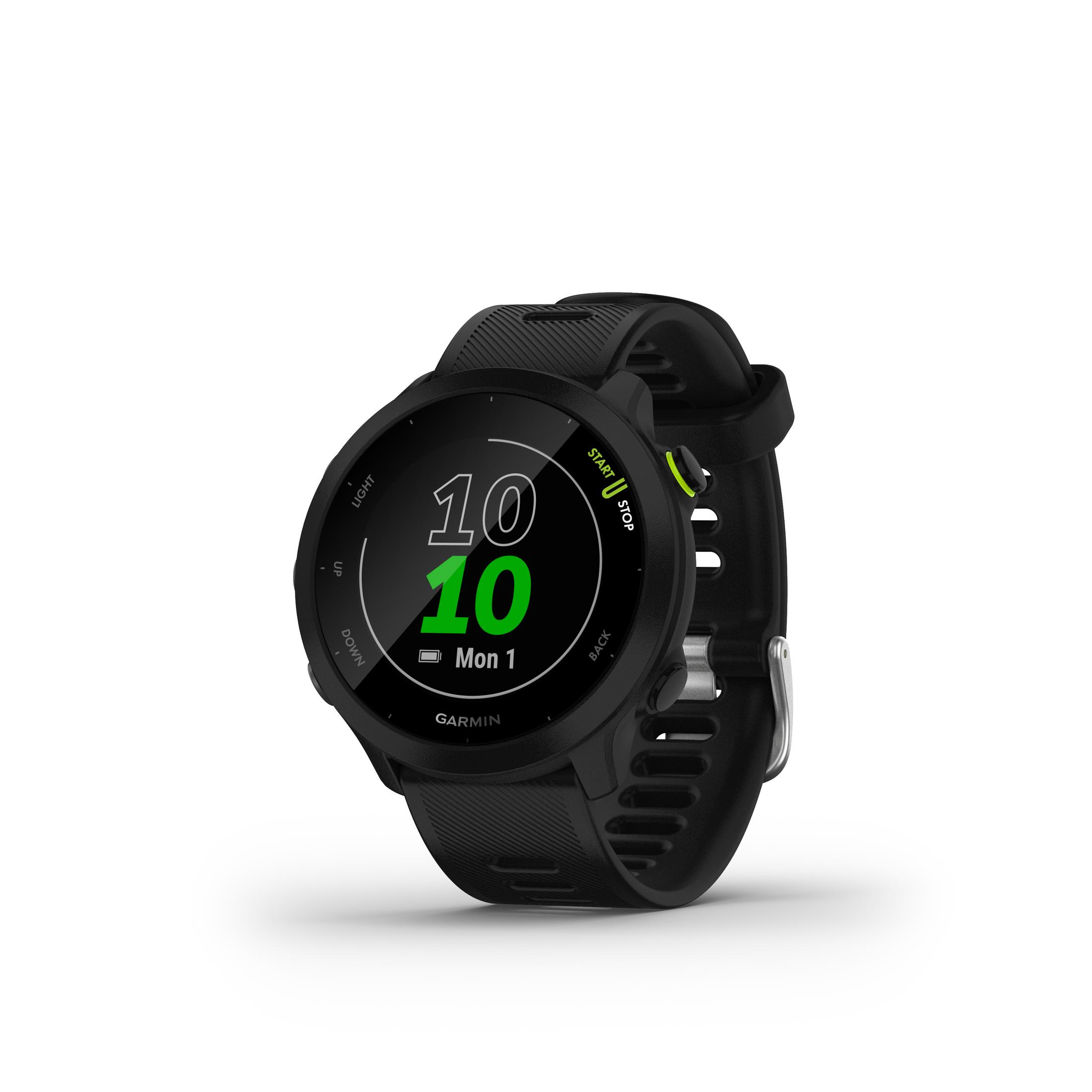Reloj inteligente negro con pantalla digital que muestra la hora y la fecha, con correa negra.