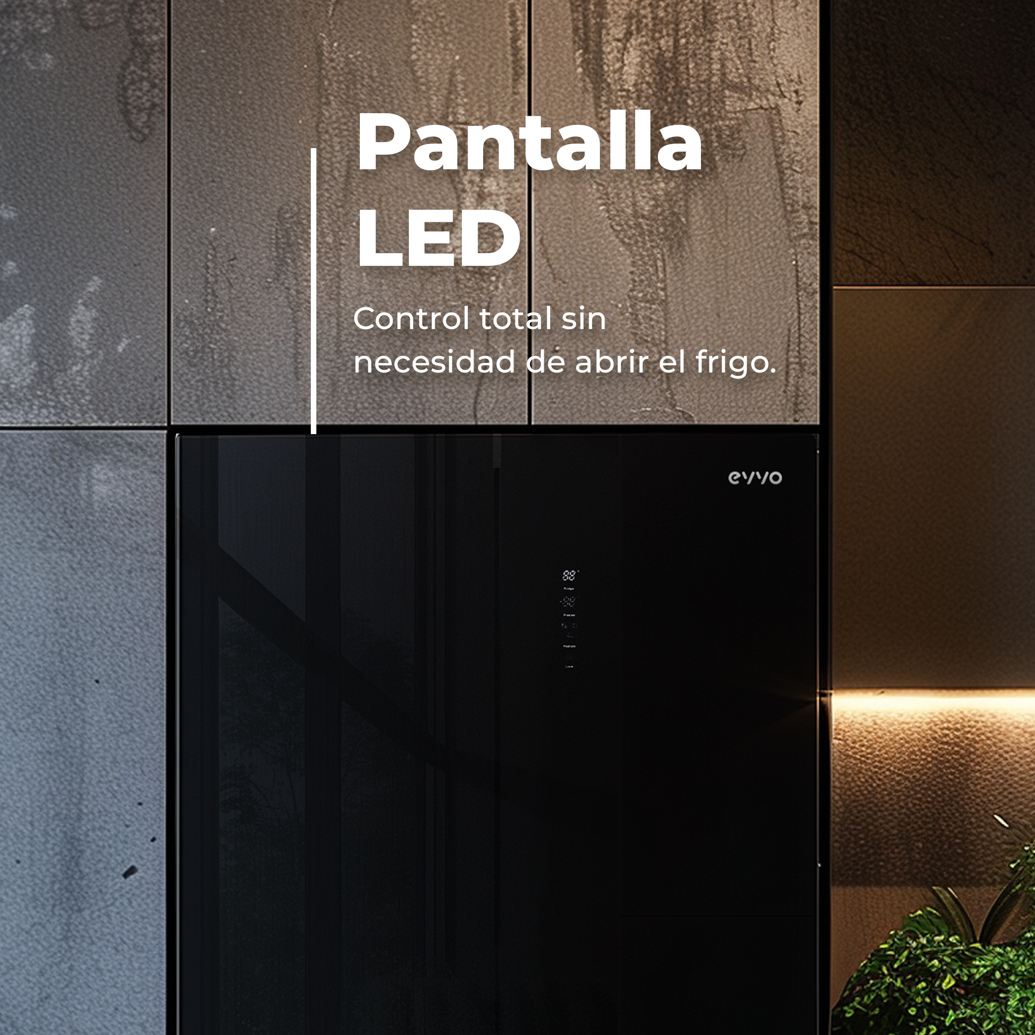 Un frigorífico negro con pantalla LED y texto en español, contra una pared alicatada.
