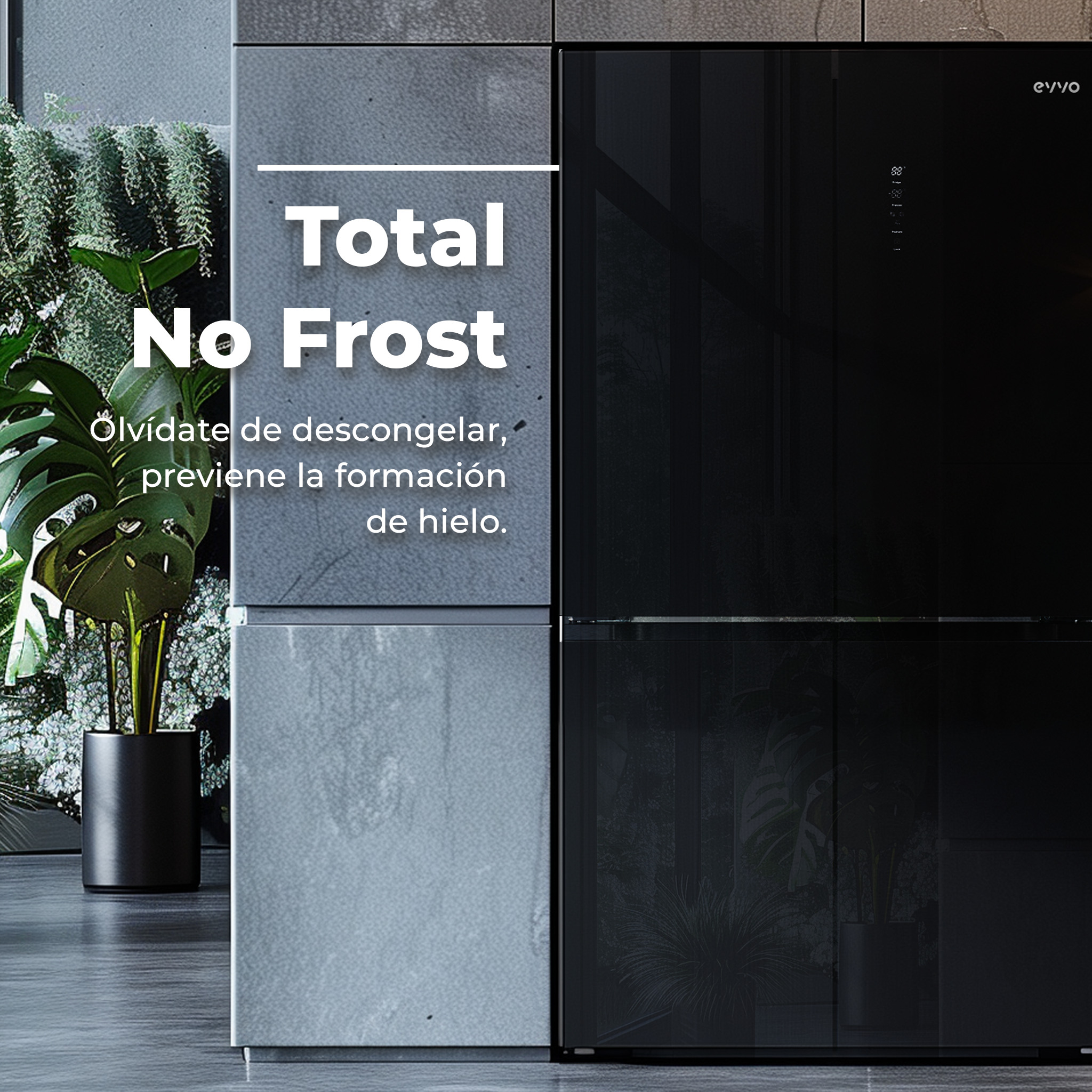 Un frigorífico negro moderno. El texto dice 'Total No Frost'. Una planta a la izquierda, y un panel gris al lado.