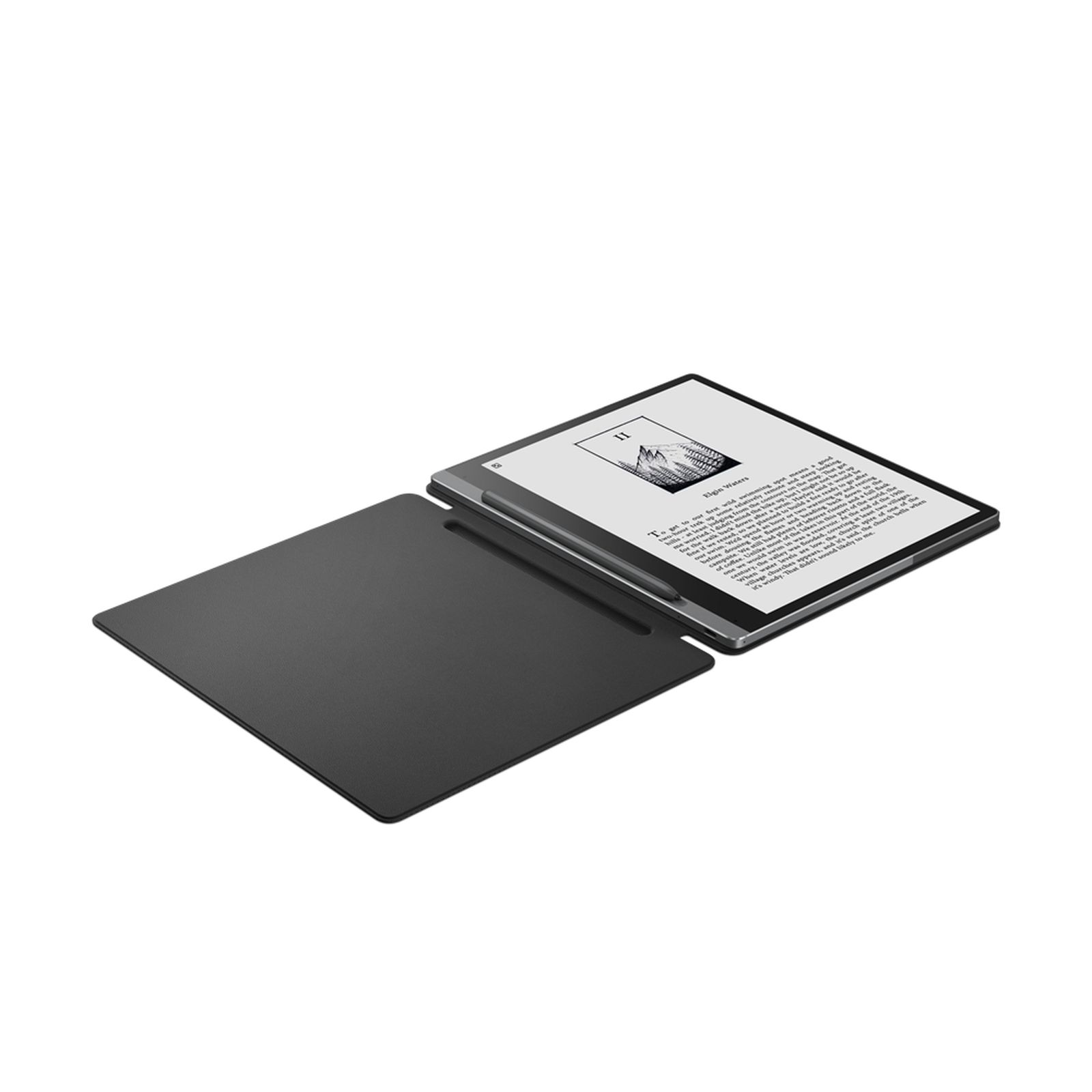 Schwarzer E-Reader mit schwarzem Cover, offen liegend auf weißer Oberfläche.