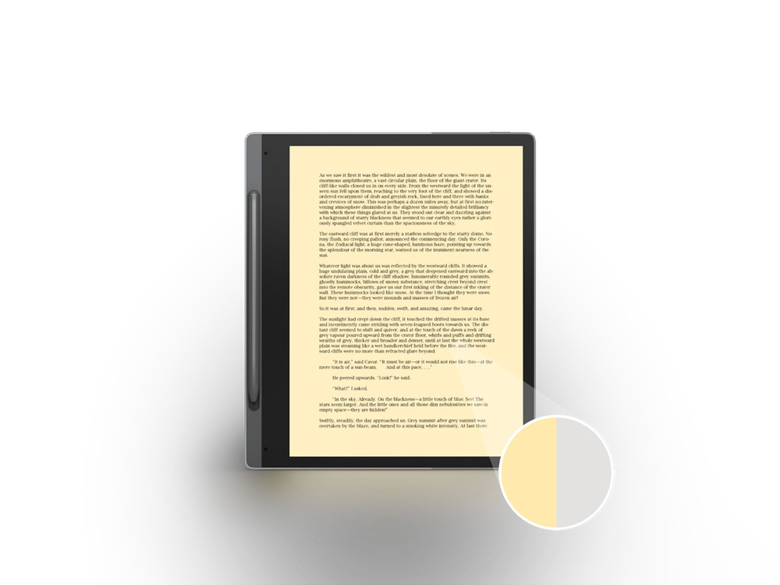 Ein E-Reader zeigt Text an. Ein Stift liegt an der Seite. Der Bildschirm zeigt ein Dokument mit gelbem Farbverlauf rechts.