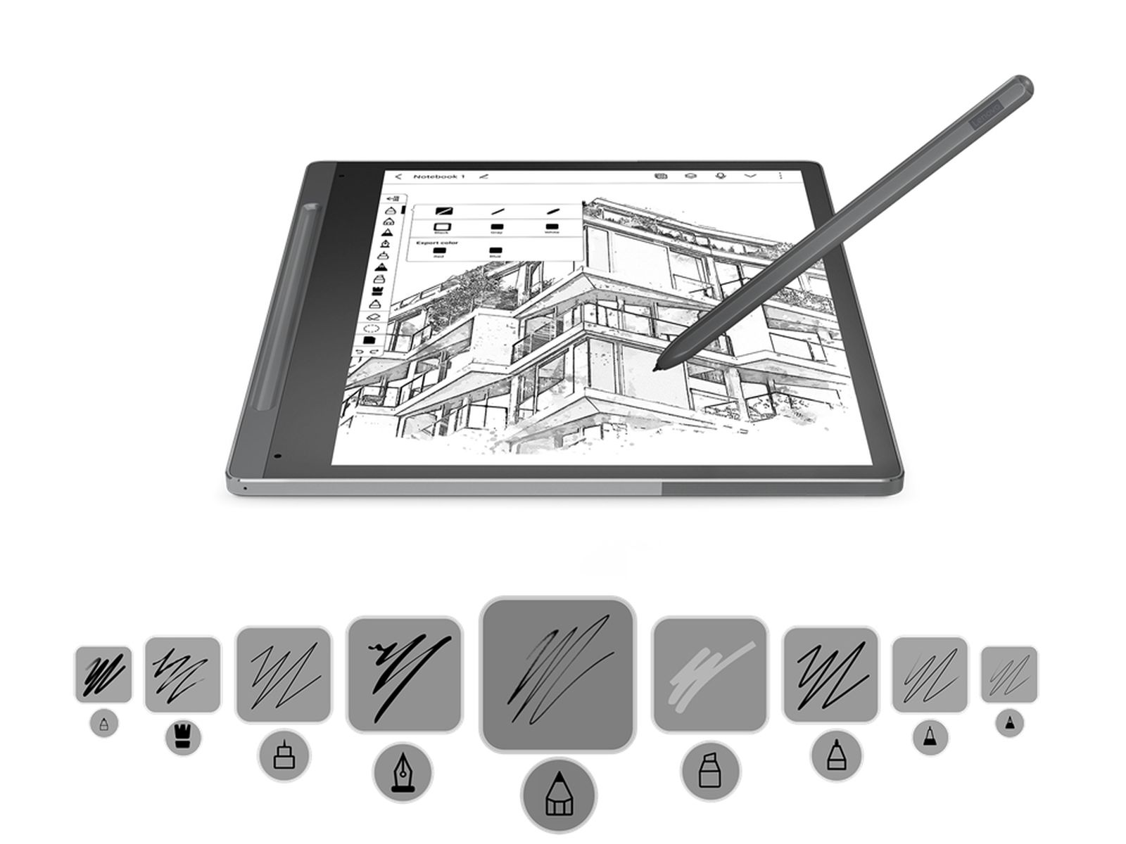 Ein Tablet mit Stift, das eine Skizze eines Gebäudes mit Designwerkzeugen darunter zeigt.