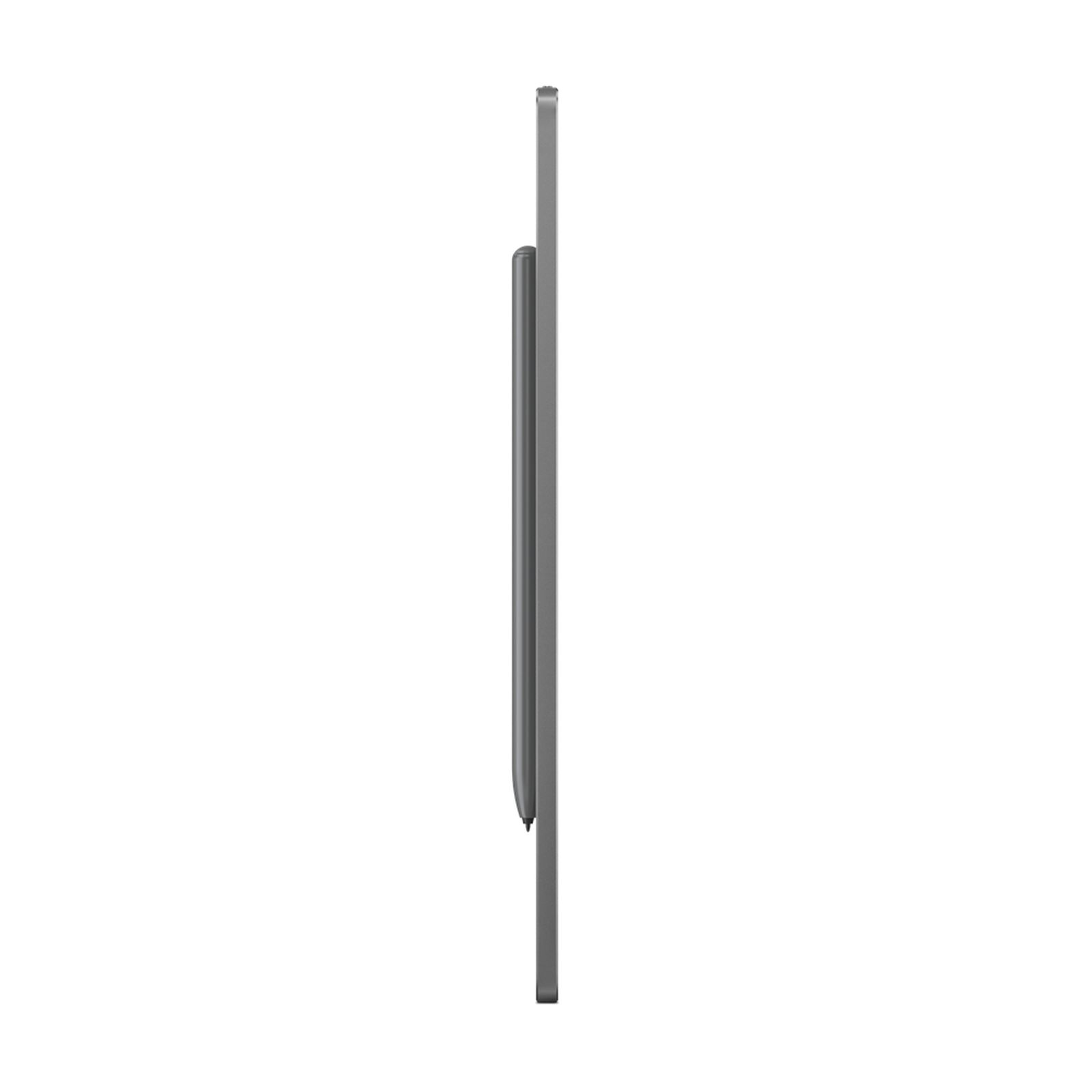 Graues Tablet mit Stylus-Stift auf weißem Hintergrund.