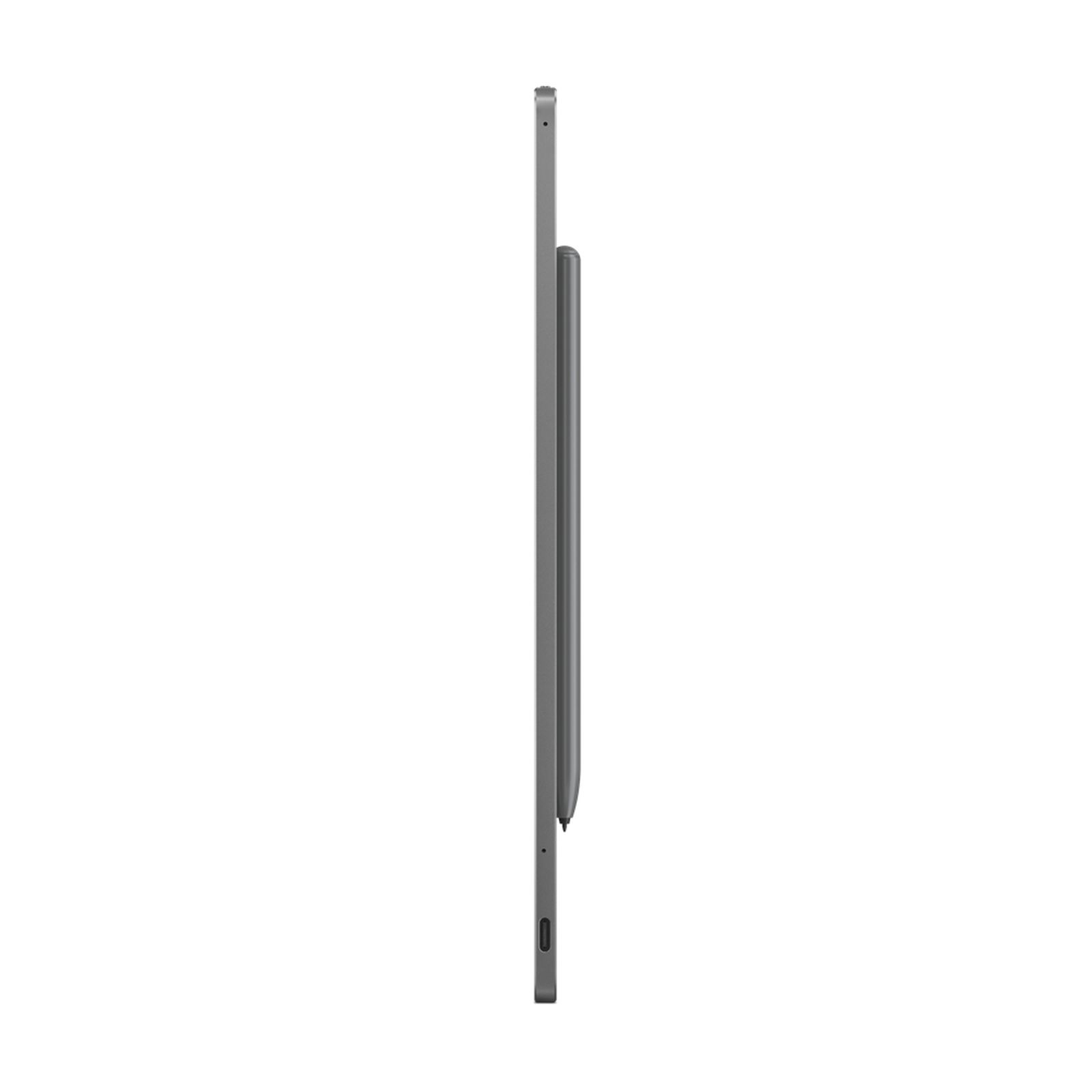 Graues Tablet und Stift auf weißem Hintergrund, der Stift ist am Tablet befestigt.