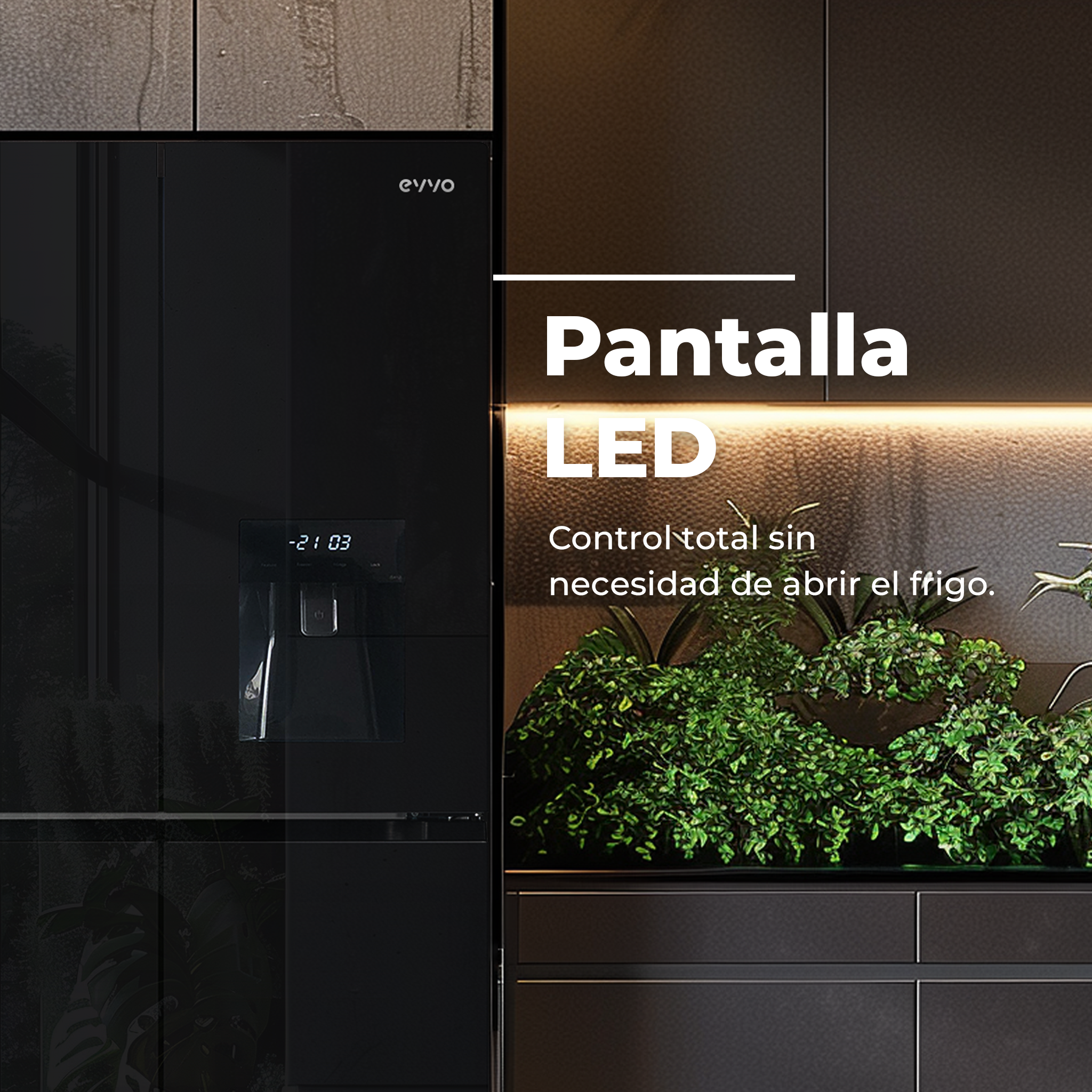 Refrigerador negro con pantalla LED y texto sobre eficiencia energética en español.