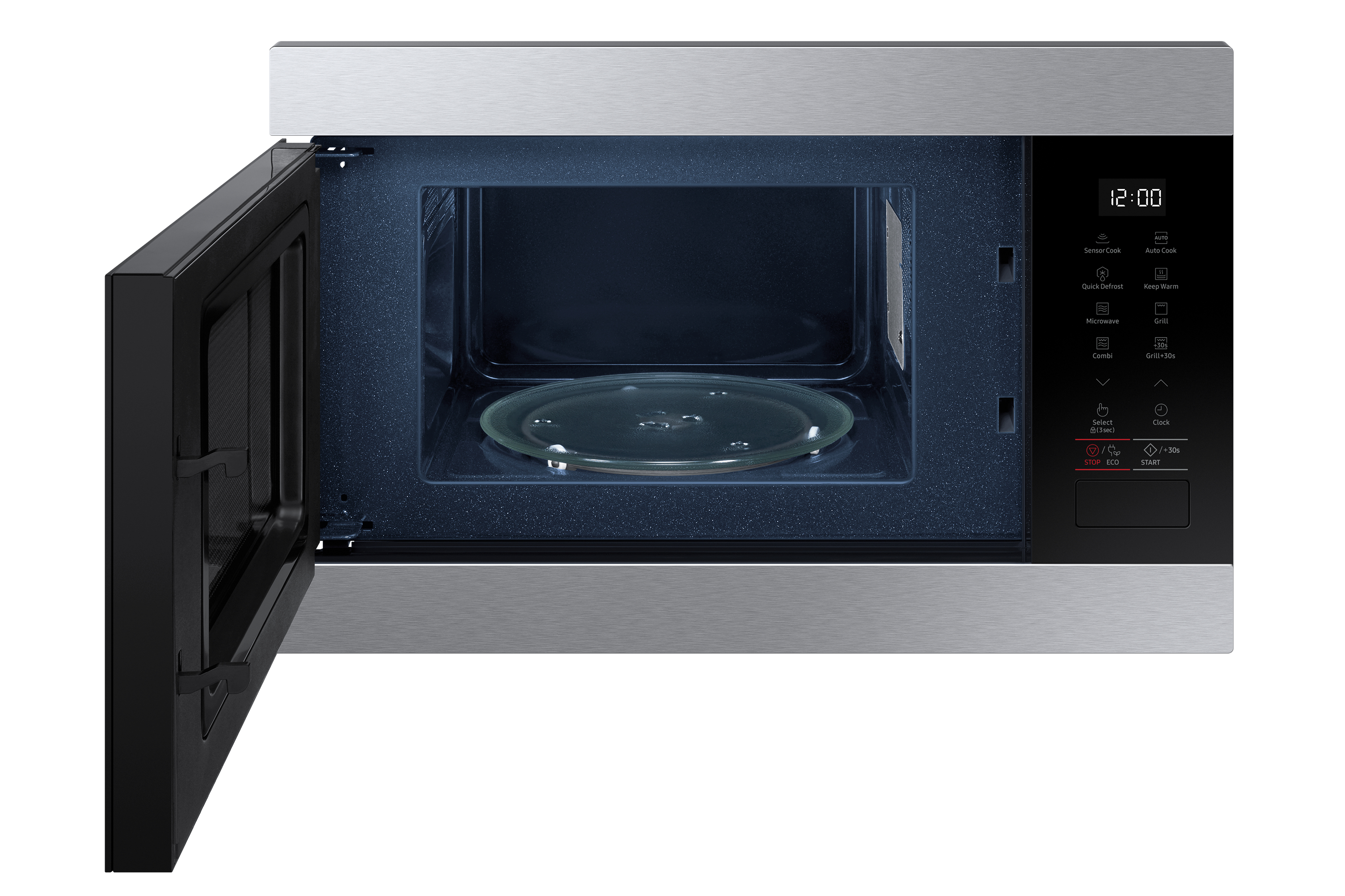 Mikrofalówka otwarta. W środku szklany talerz. Drzwi otwarte w lewo.