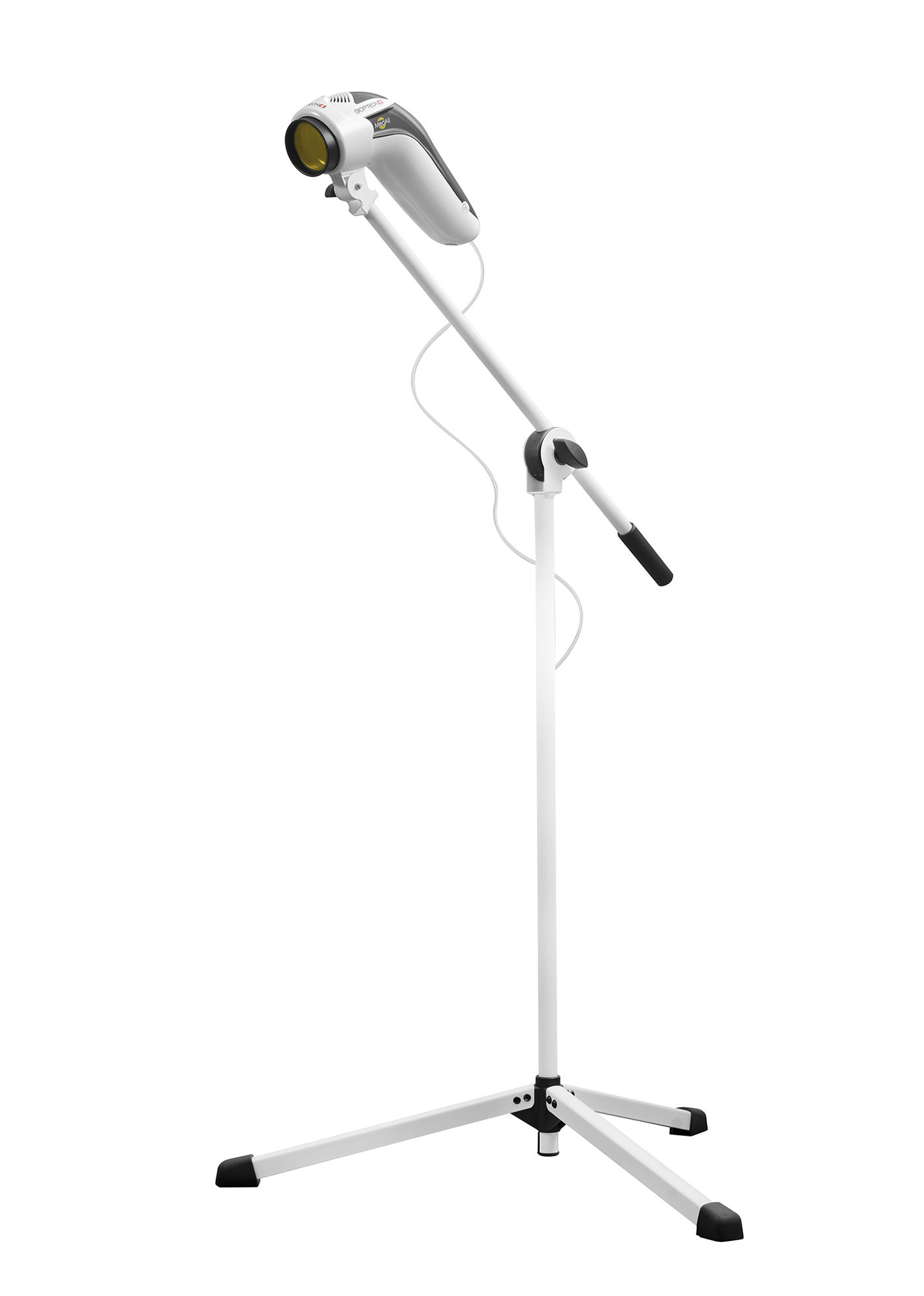 Eine weiße Stehlampe mit Kopf und Fuß auf einem Stativ.
