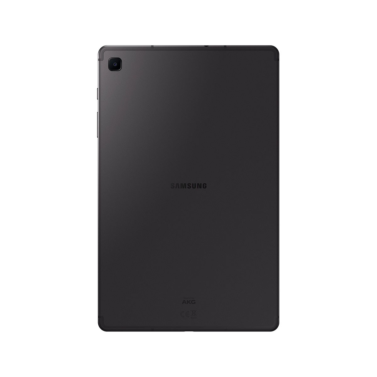 Parte trasera de una tableta Samsung negra, mostrando la cámara y el logotipo SAMSUNG. Fondo gris.